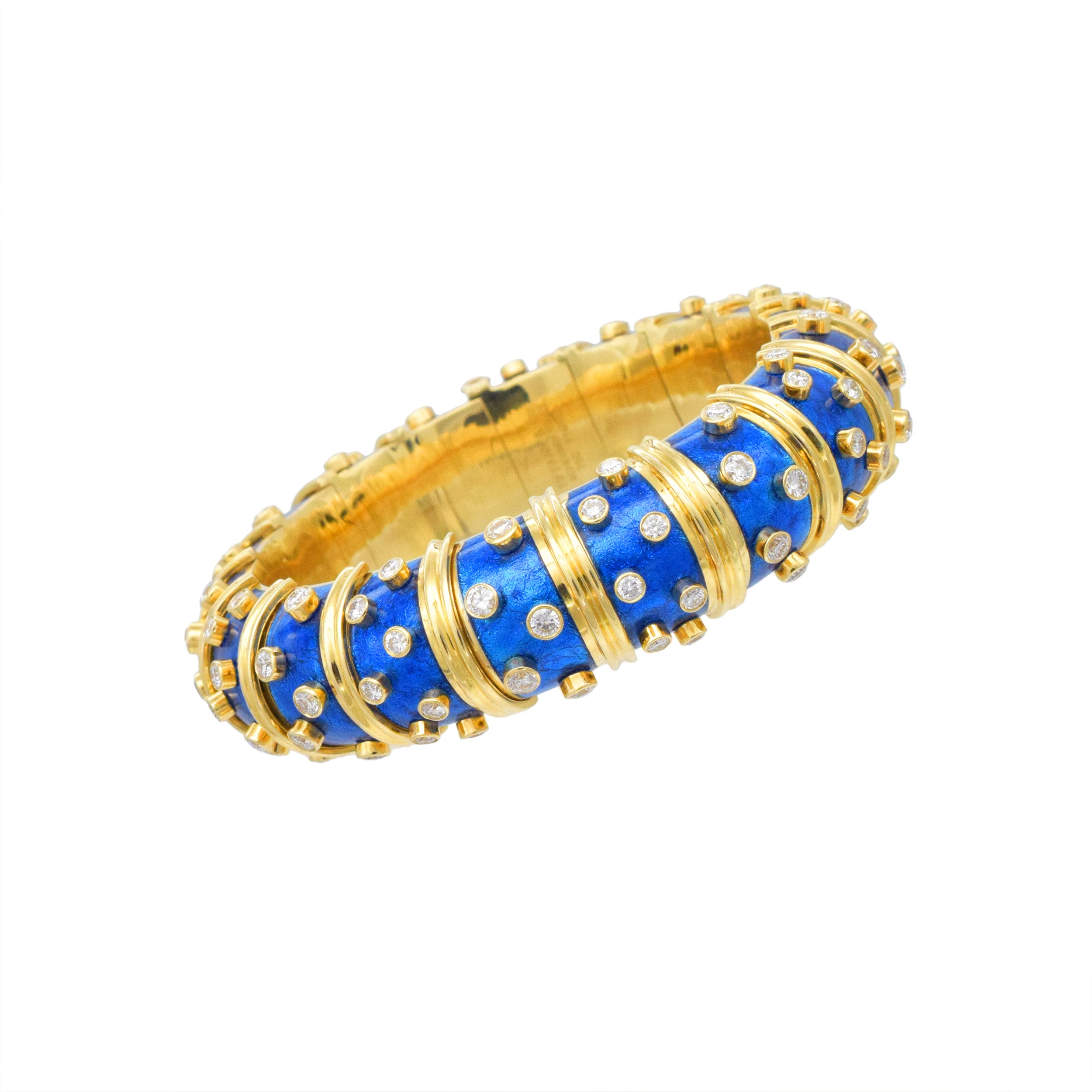 Tiffany & Co. Schlumberger Diamond And Blue Enamel Bangle In 18k Yellow Gold