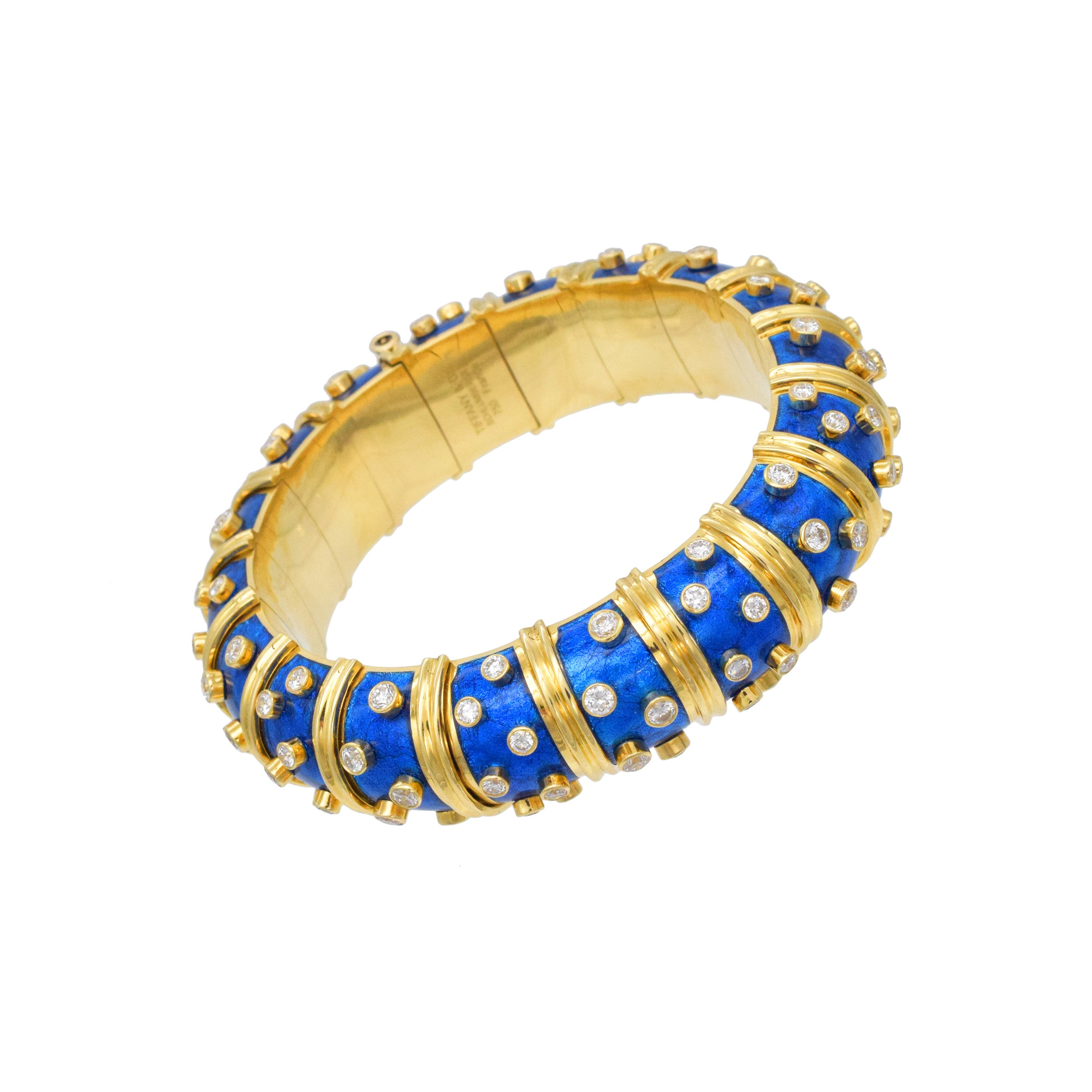 Tiffany & Co. Schlumberger Diamond And Blue Enamel Bangle In 18k Yellow Gold