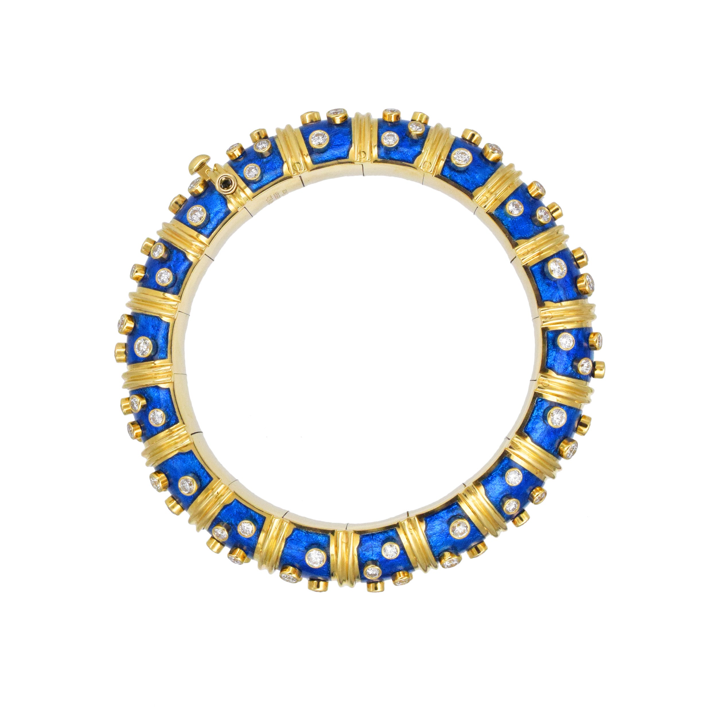 Tiffany & Co. Schlumberger Diamond And Blue Enamel Bangle In 18k Yellow Gold