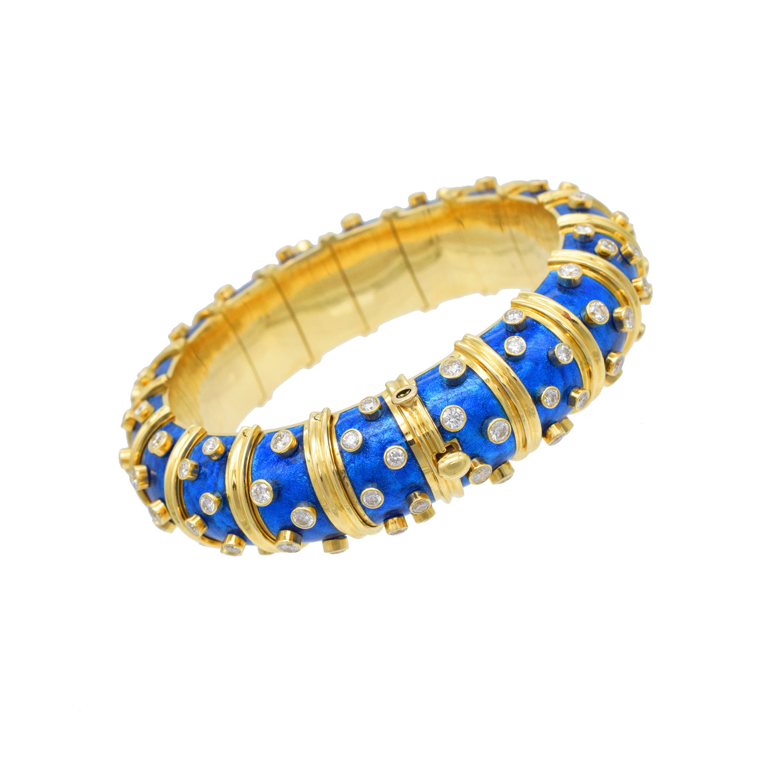 Tiffany & Co. Schlumberger Diamond And Blue Enamel Bangle In 18k Yellow Gold