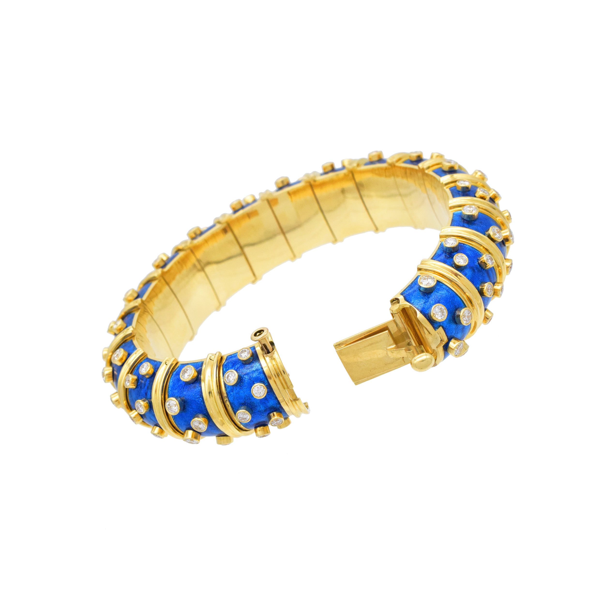 Tiffany & Co. Schlumberger Diamond And Blue Enamel Bangle In 18k Yellow Gold
