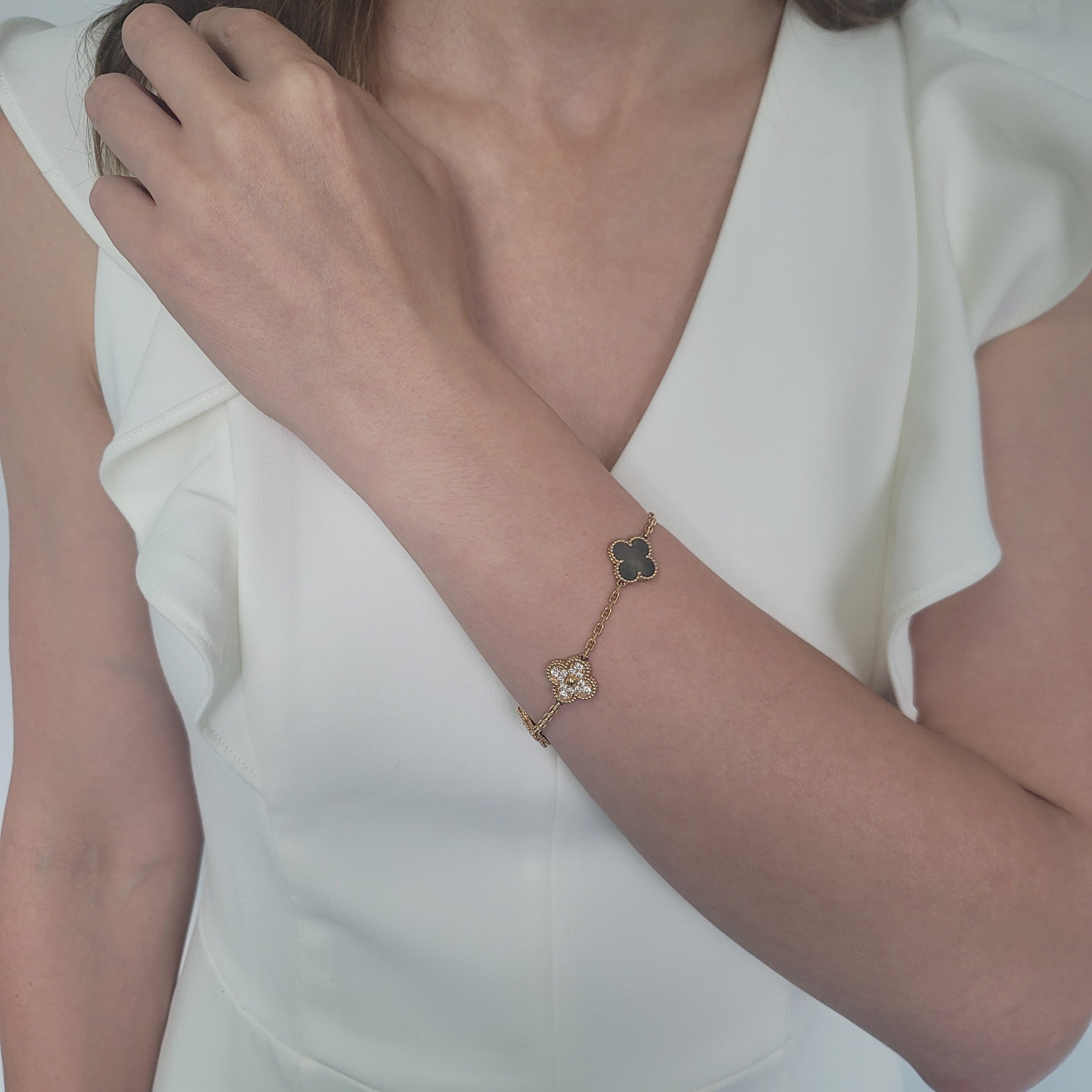 Van Cleef & Arpels black mother of pearl and diamond vintage Alhambra bracelet in 18k rose gold
