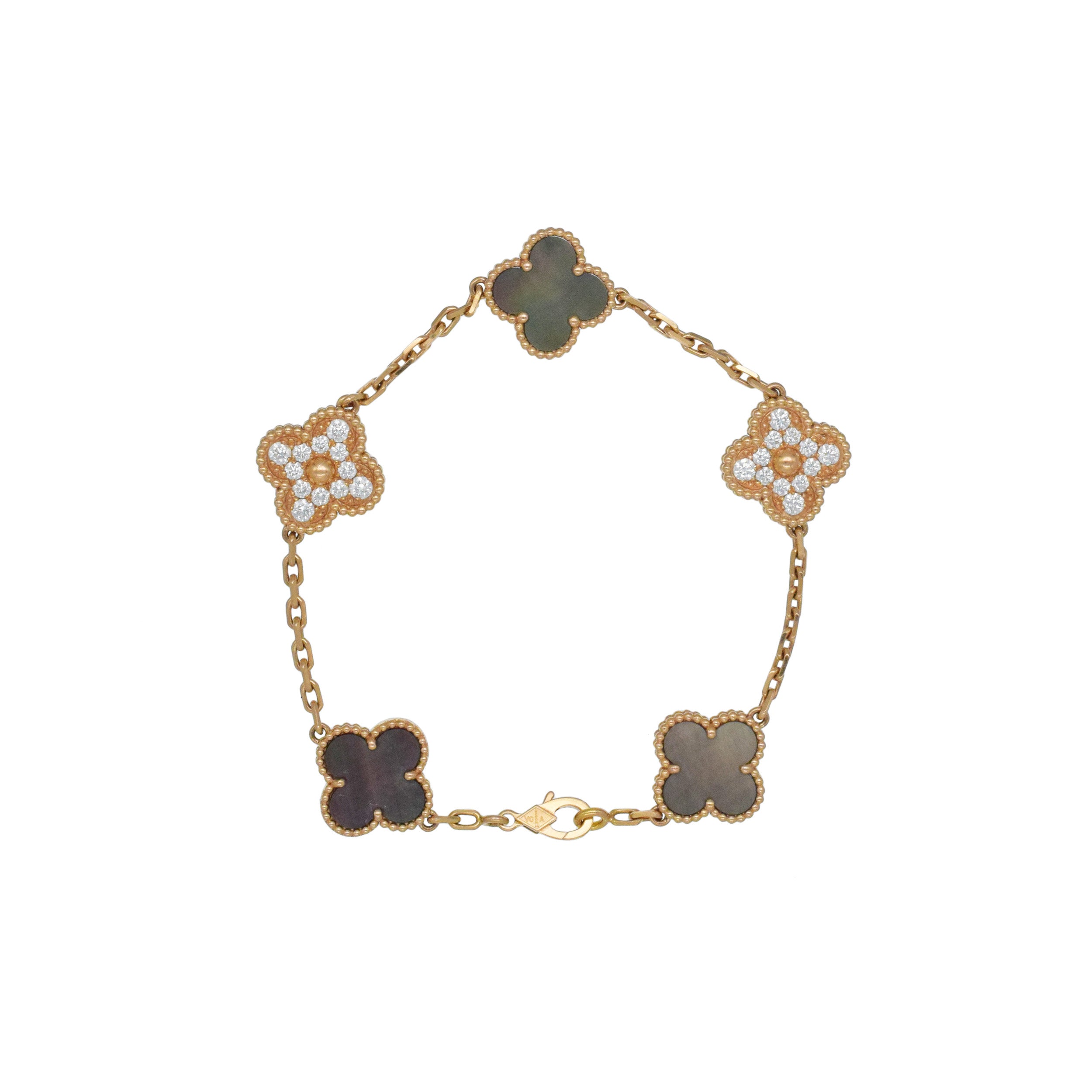 Van Cleef & Arpels black mother of pearl and diamond vintage Alhambra bracelet in 18k rose gold