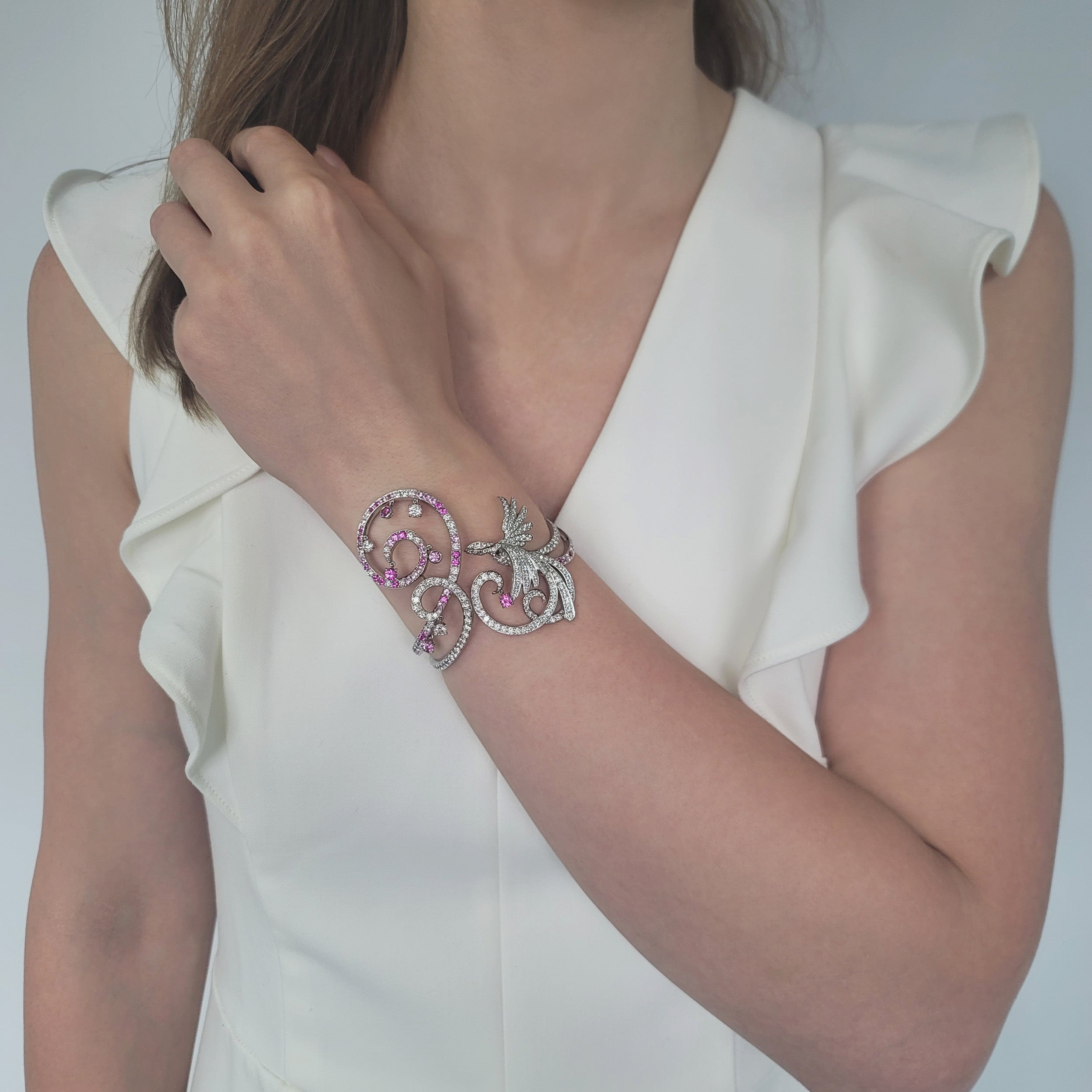 Van Cleef & Arpels 'Oiseaux De Paradis' Diamond And Pink Sapphire Bracelet In 18k White Gold