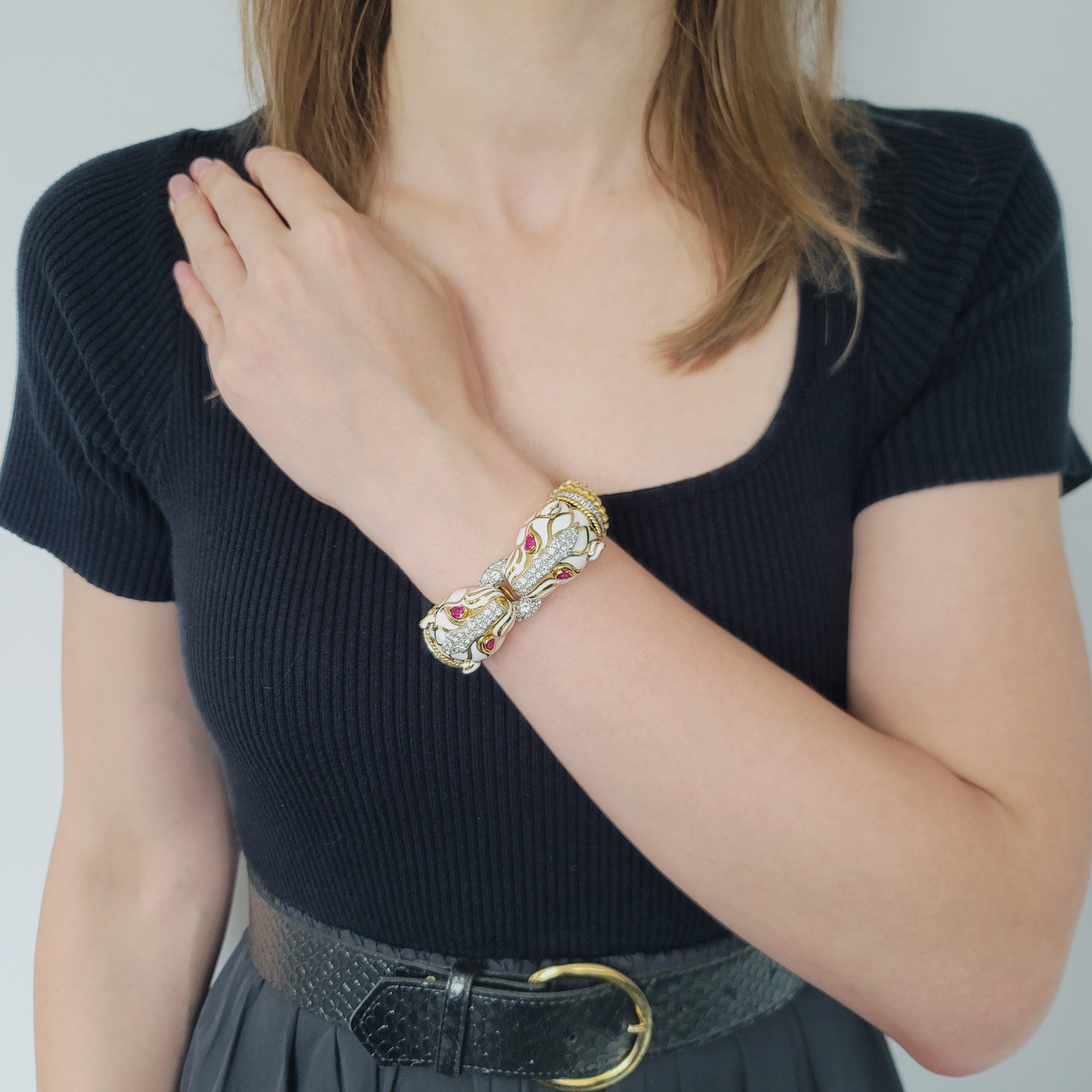David Webb White Enamel, Diamond & Ruby Double Panthere Head Bracelet In Gold & Platinum