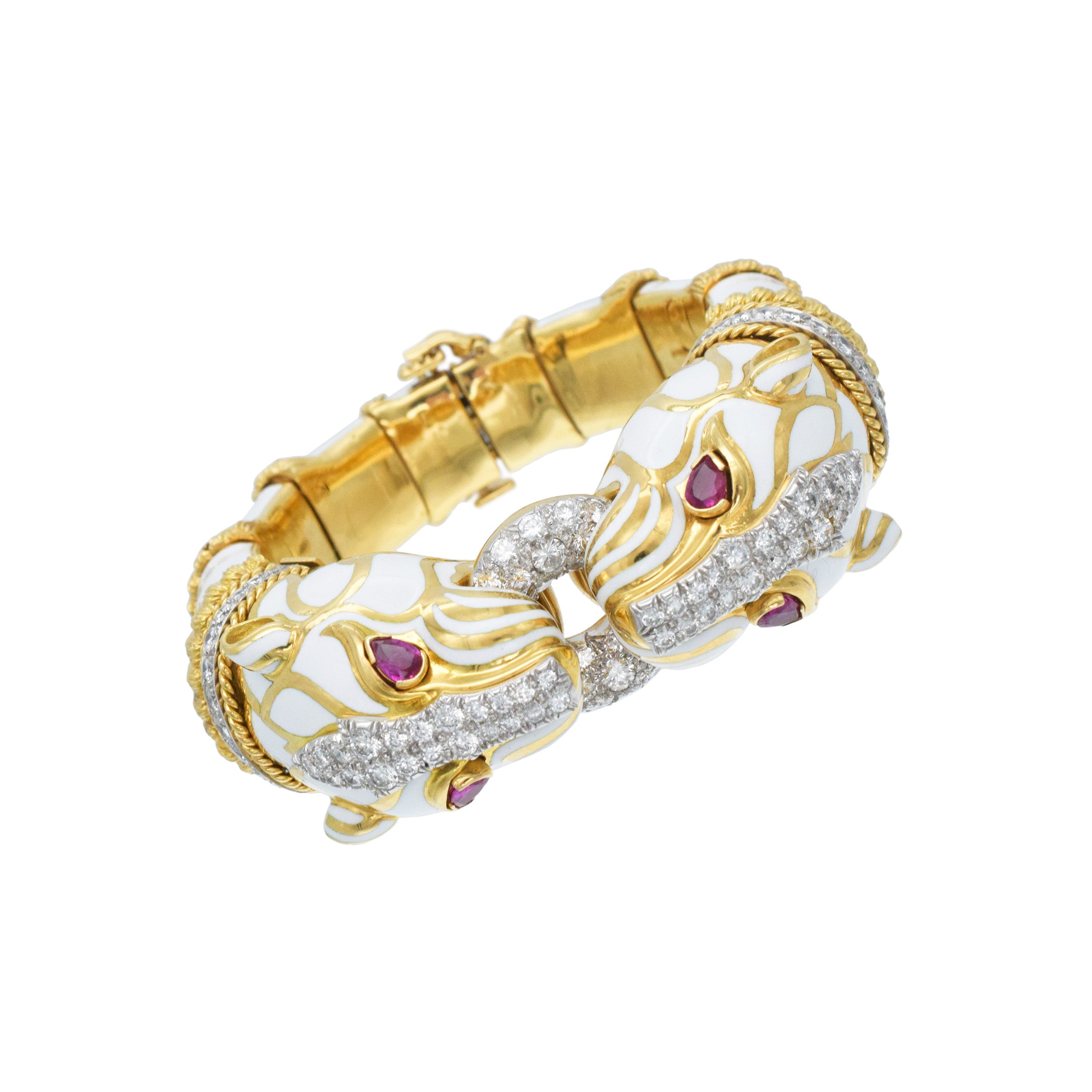 David Webb White Enamel, Diamond & Ruby Double Panthere Head Bracelet In Gold & Platinum