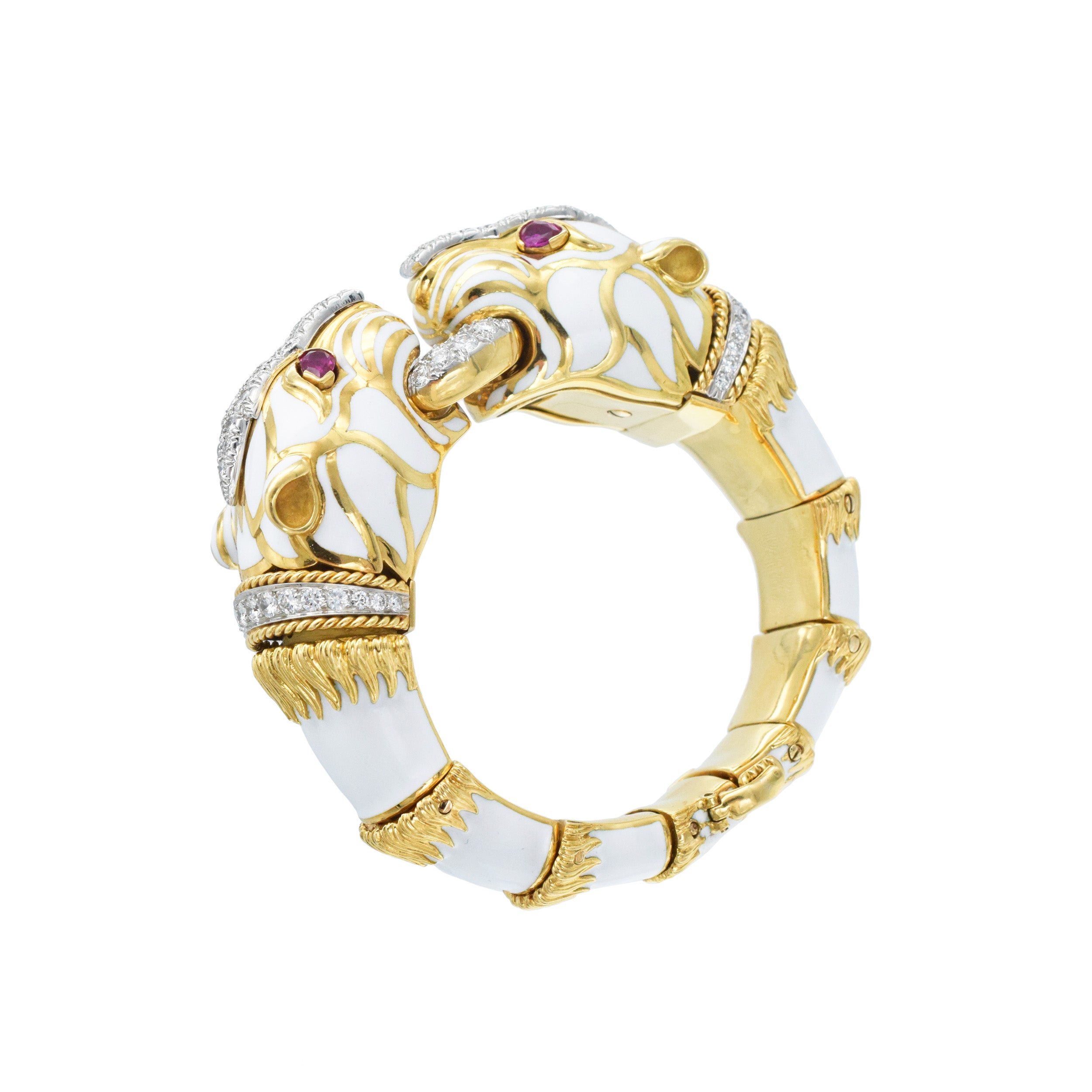 David Webb White Enamel, Diamond & Ruby Double Panthere Head Bracelet In Gold & Platinum