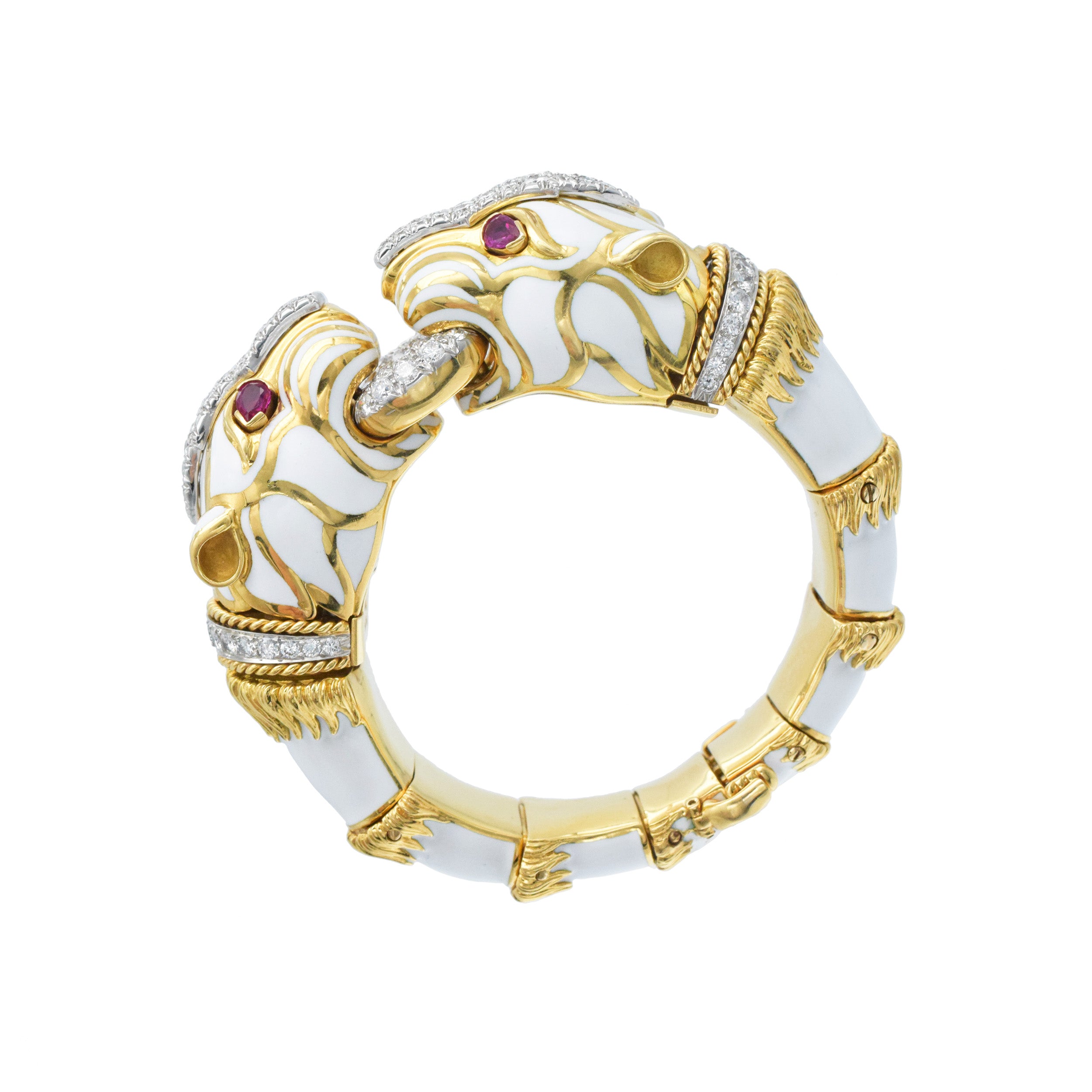 David Webb White Enamel, Diamond & Ruby Double Panthere Head Bracelet In Gold & Platinum