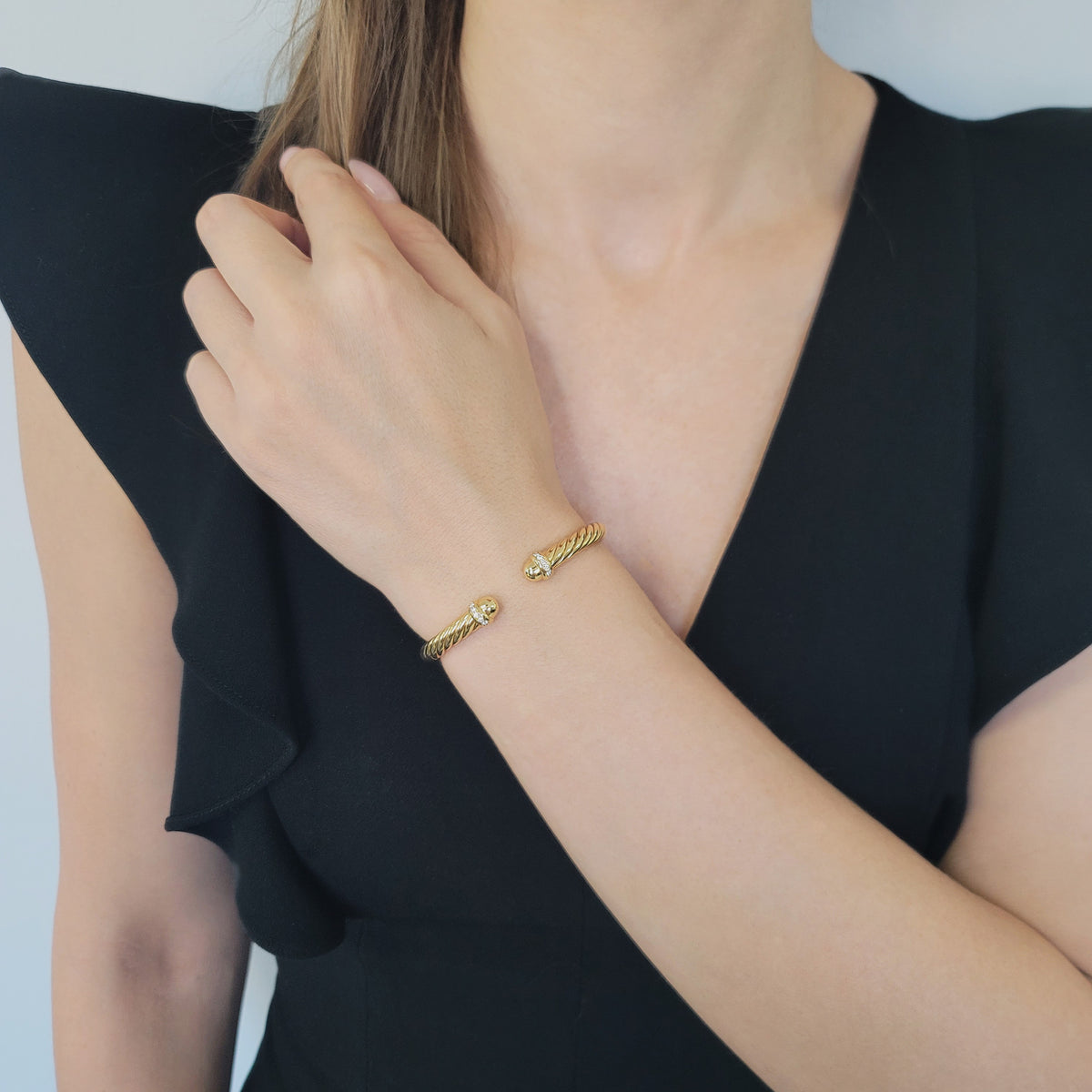 David Yurman Cablespira Flex Cuff Bracelet In 18k Yellow Gold With Diamond Accents