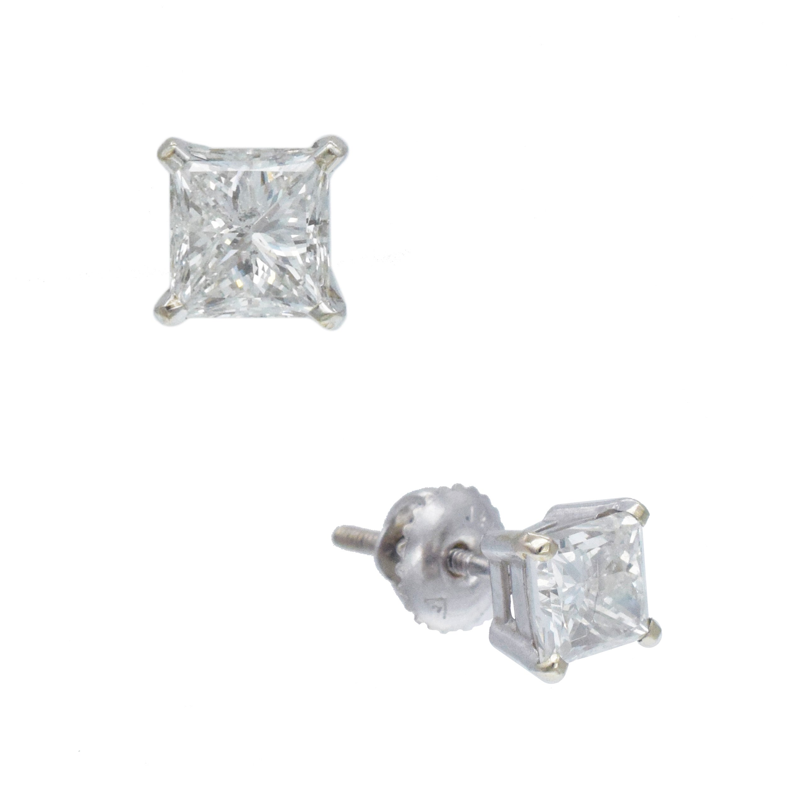 1.91tcw princess cut diamonds stud earrings in 14 white gold