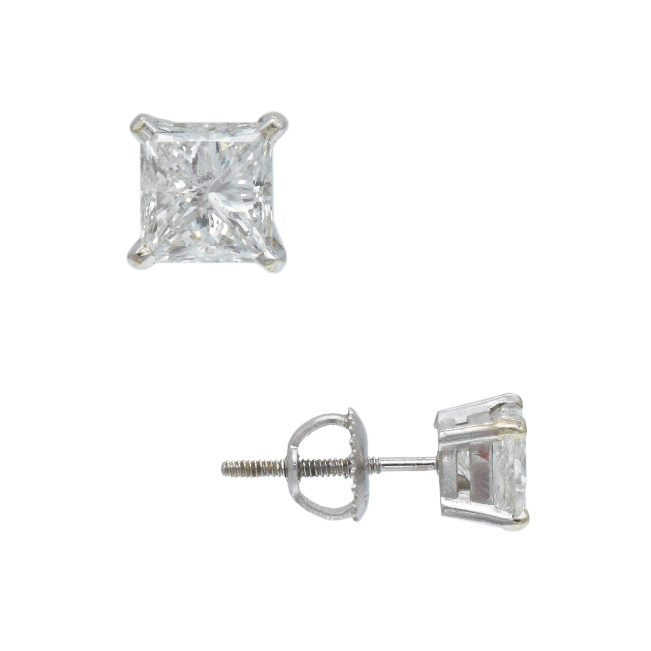 1.91tcw princess cut diamonds stud earrings in 14 white gold