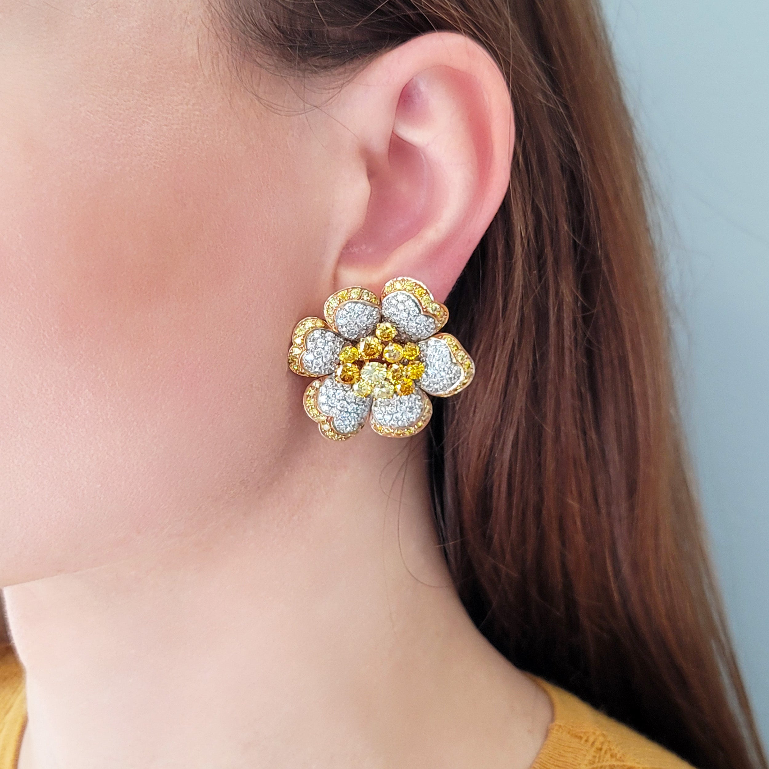 Yellow and White Diamond Flower Earrings