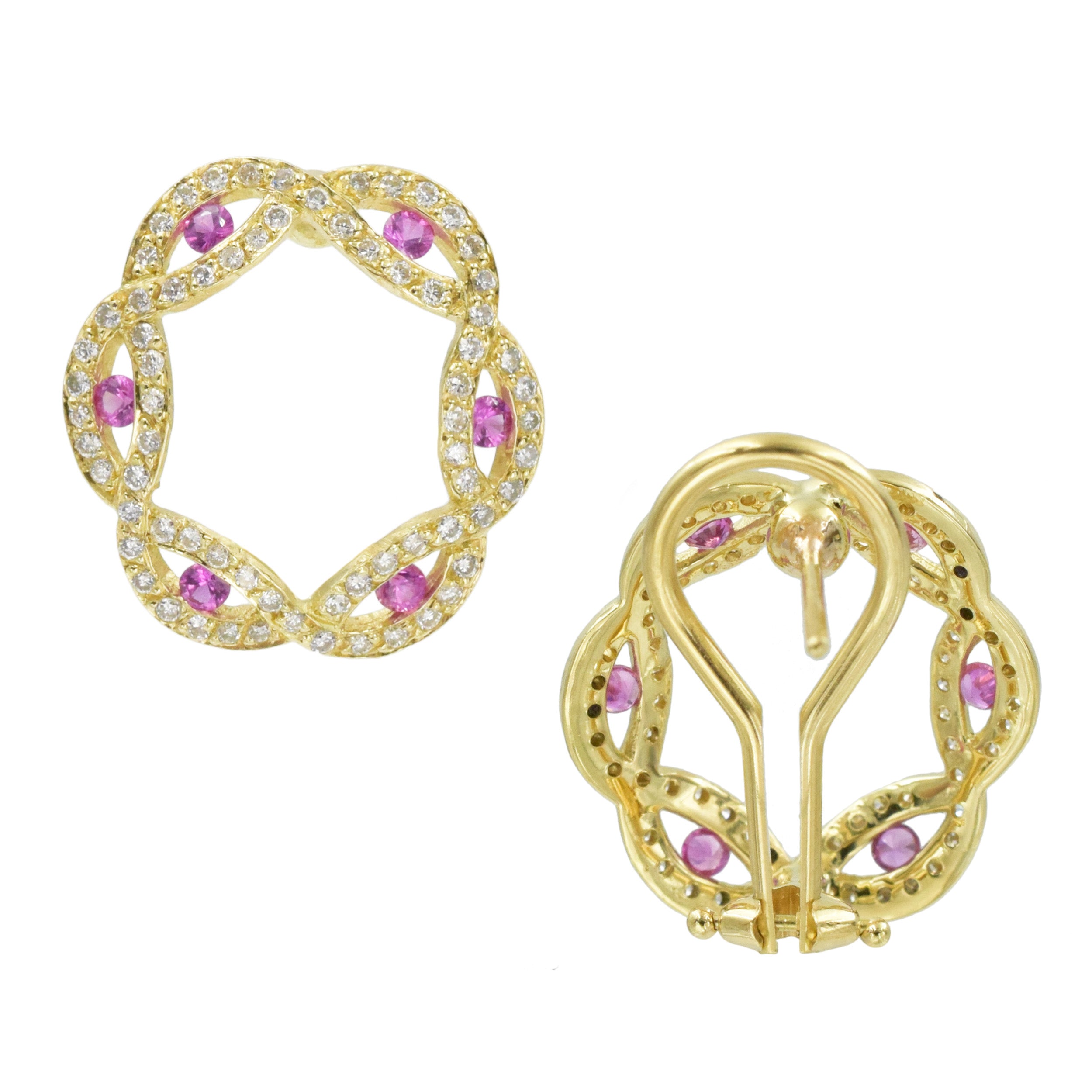 Pink sapphire and diamond circular earrings in 18k yellow gold