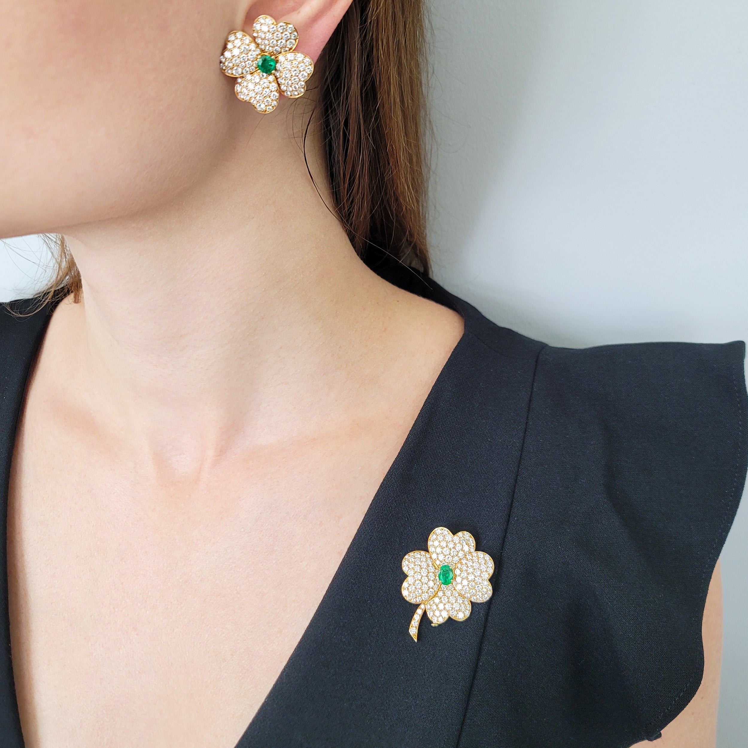 Van Cleef & Arpels 'Cosmos' Diamond And Emerald Earrings And Brooch Suite In 18k Yellow Gold