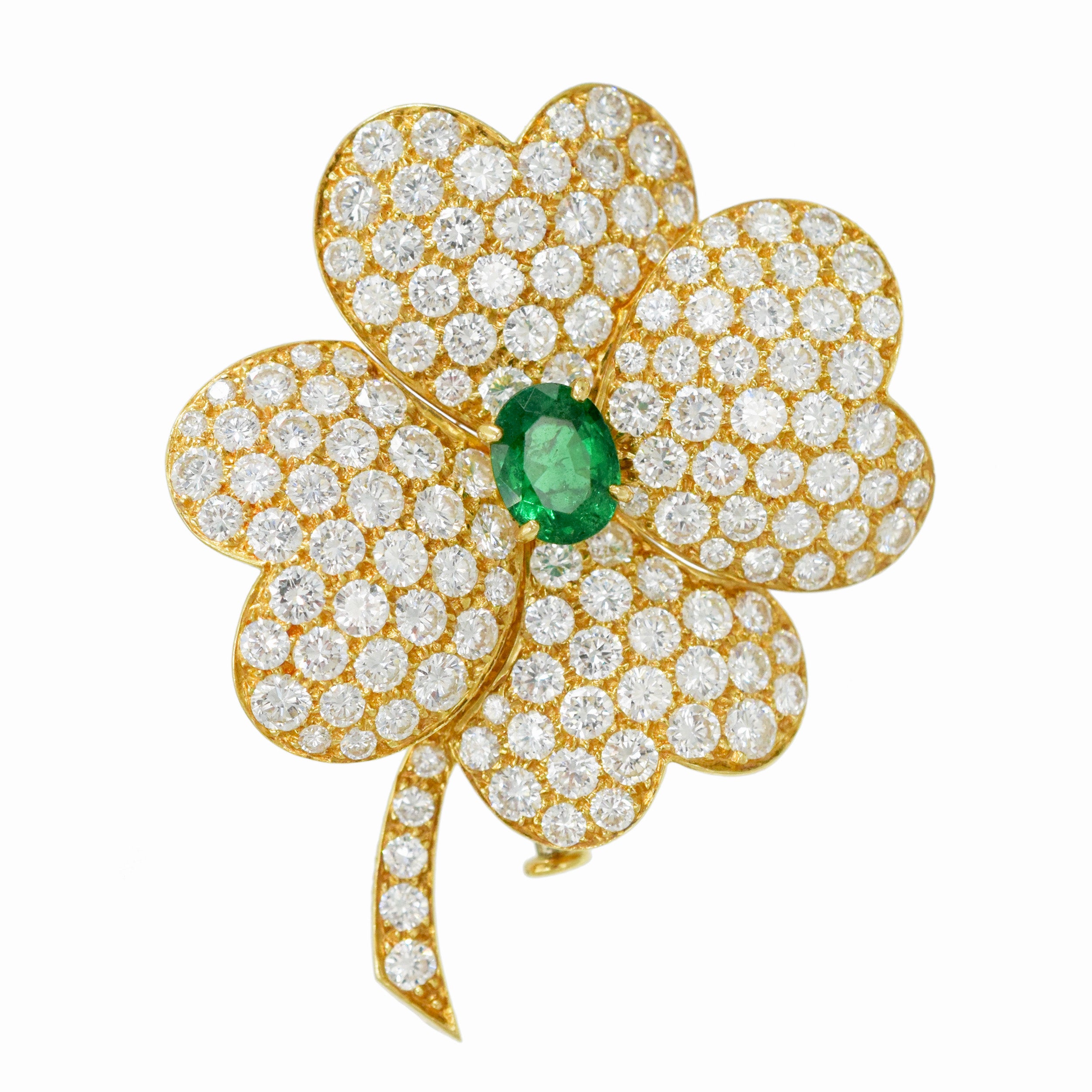 Van Cleef & Arpels 'Cosmos' Diamond And Emerald Earrings And Brooch Suite In 18k Yellow Gold
