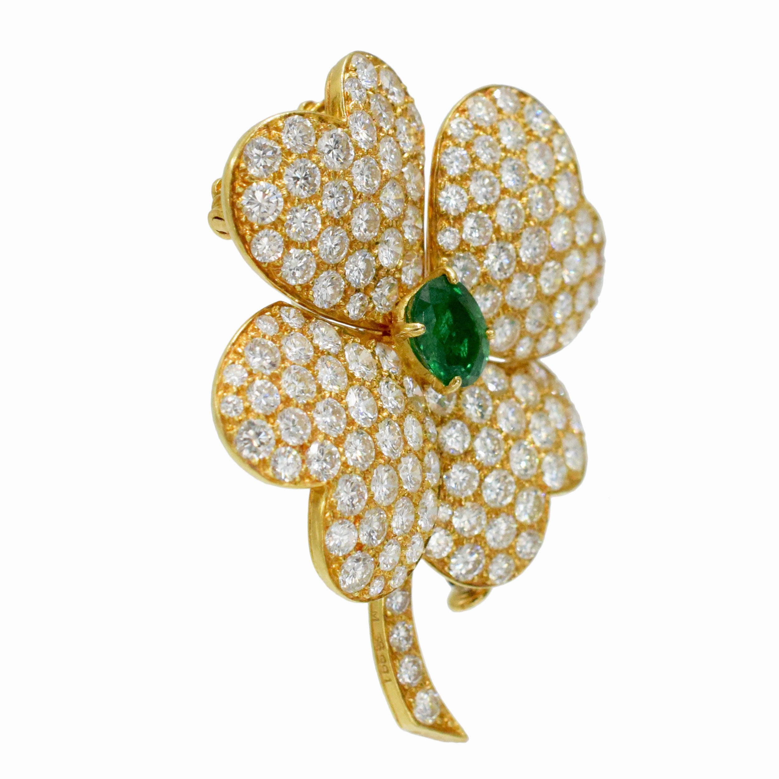 Van Cleef & Arpels 'Cosmos' Diamond And Emerald Earrings And Brooch Suite In 18k Yellow Gold
