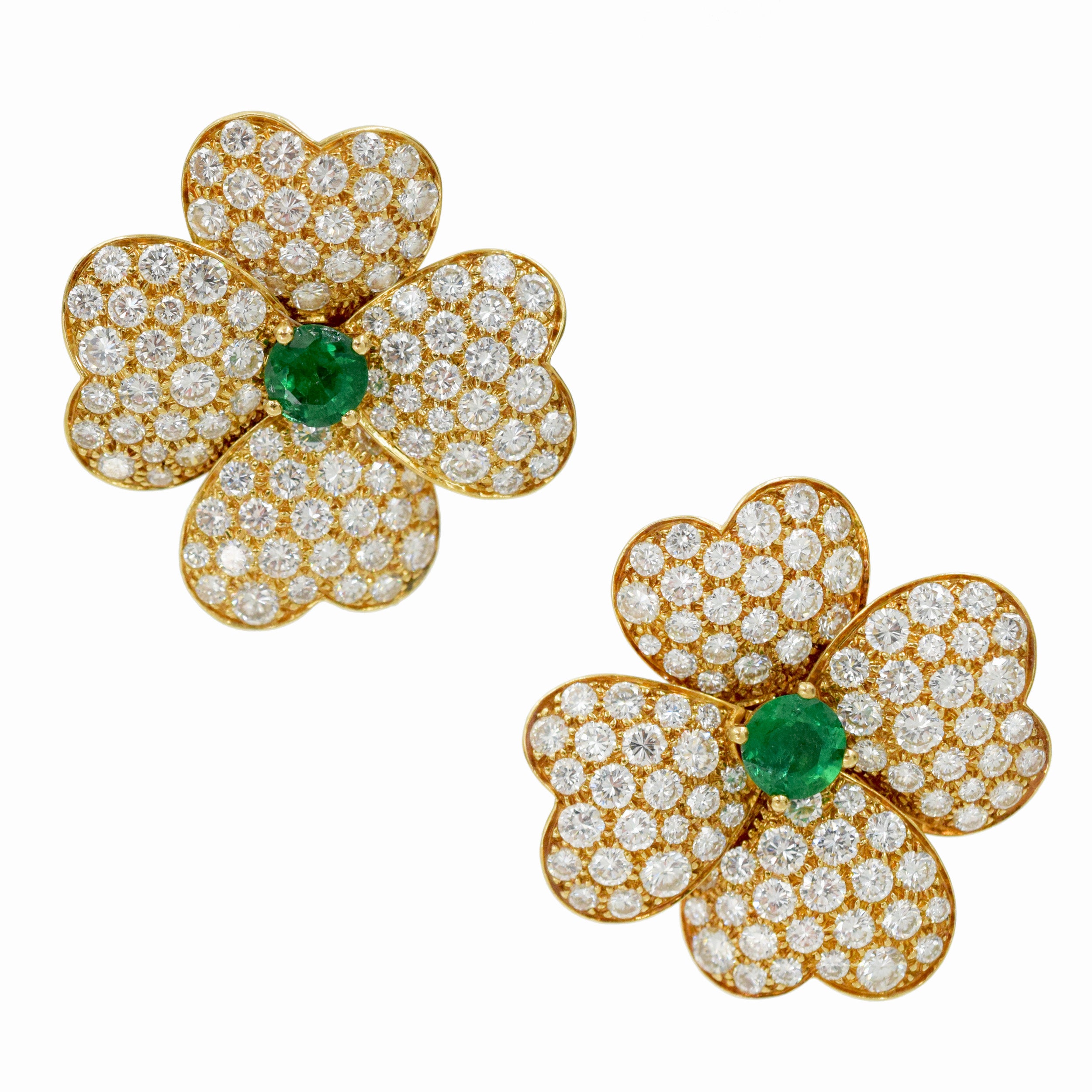 Van Cleef & Arpels 'Cosmos' Diamond And Emerald Earrings And Brooch Suite In 18k Yellow Gold