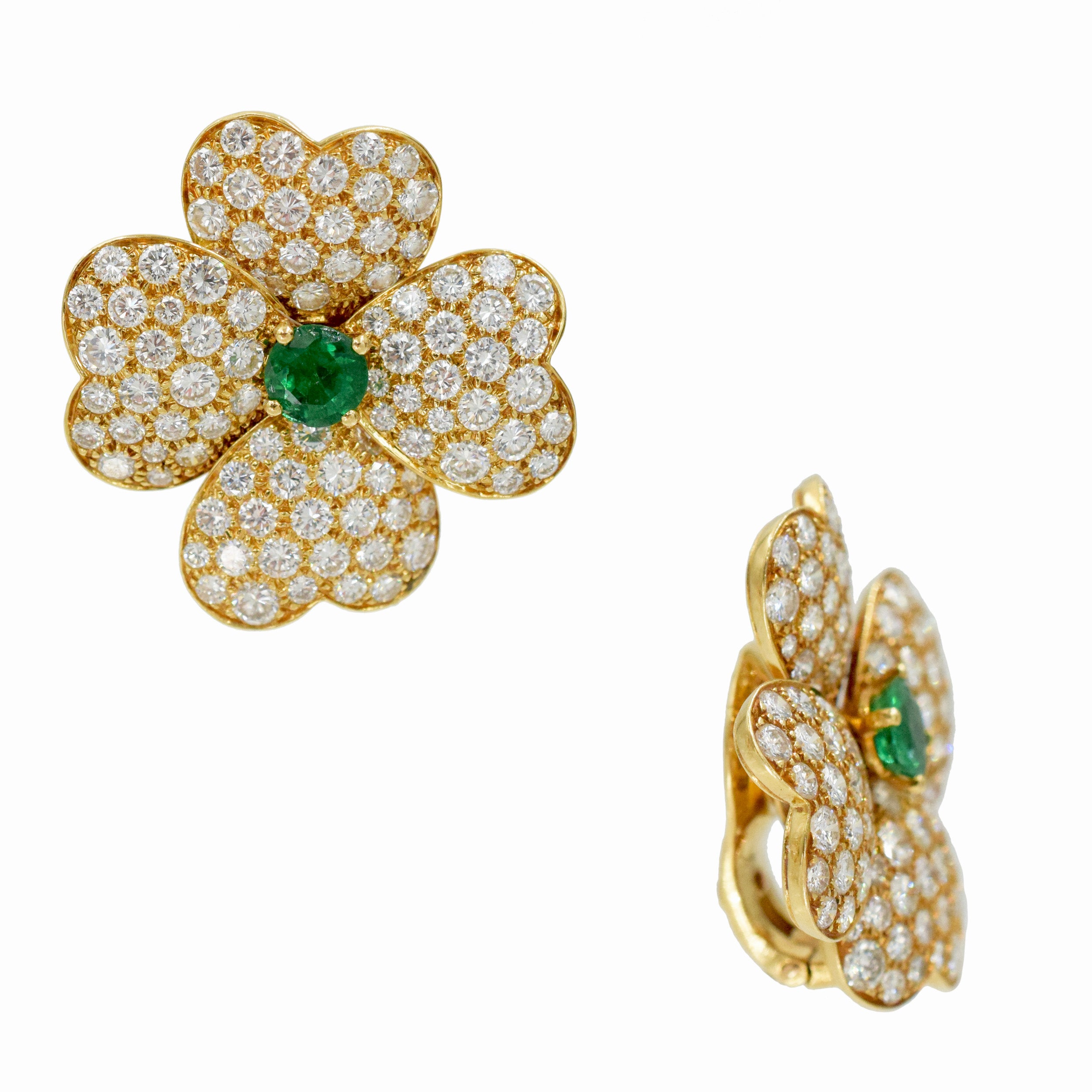 Van Cleef & Arpels 'Cosmos' Diamond And Emerald Earrings And Brooch Suite In 18k Yellow Gold