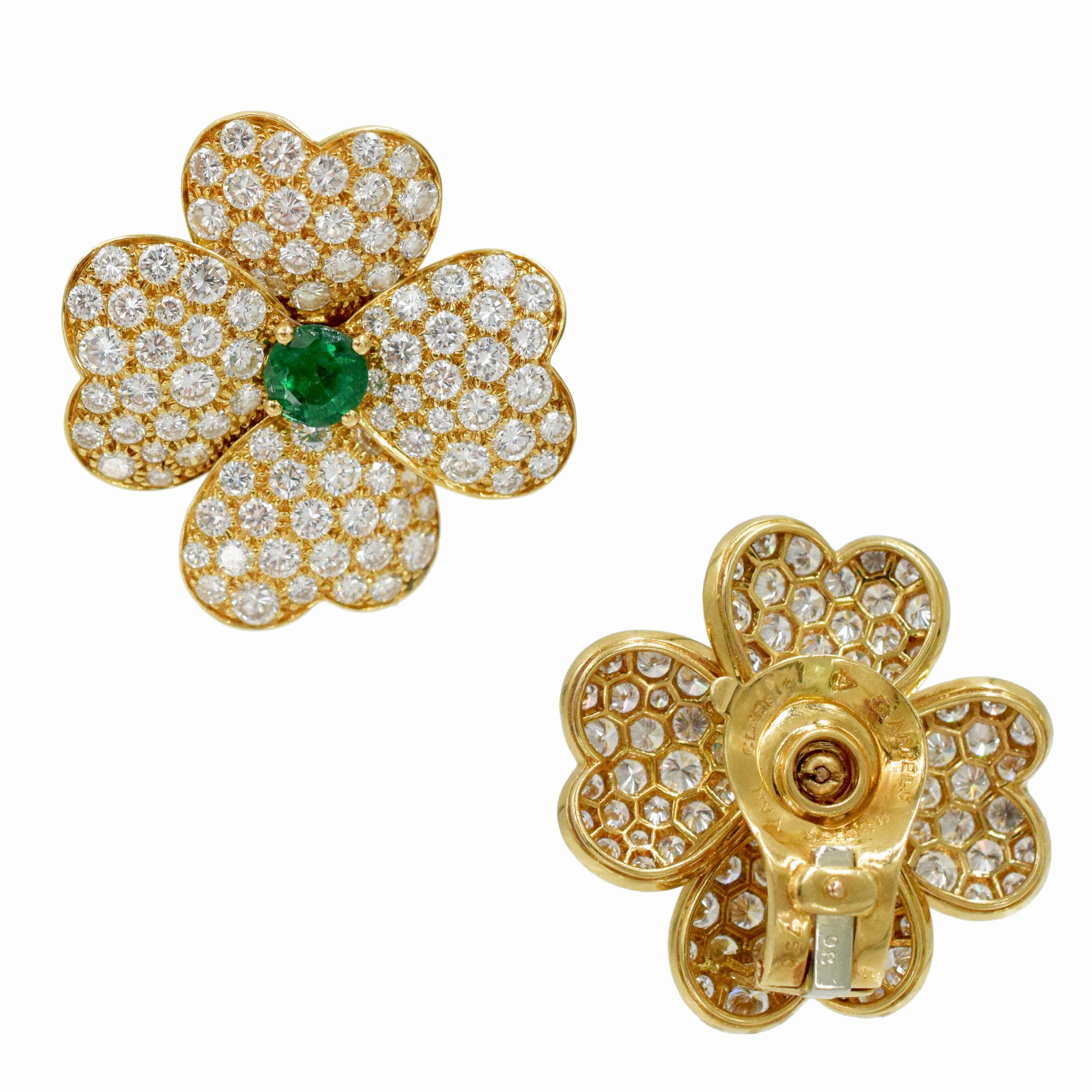 Van Cleef & Arpels 'Cosmos' Diamond And Emerald Earrings And Brooch Suite In 18k Yellow Gold