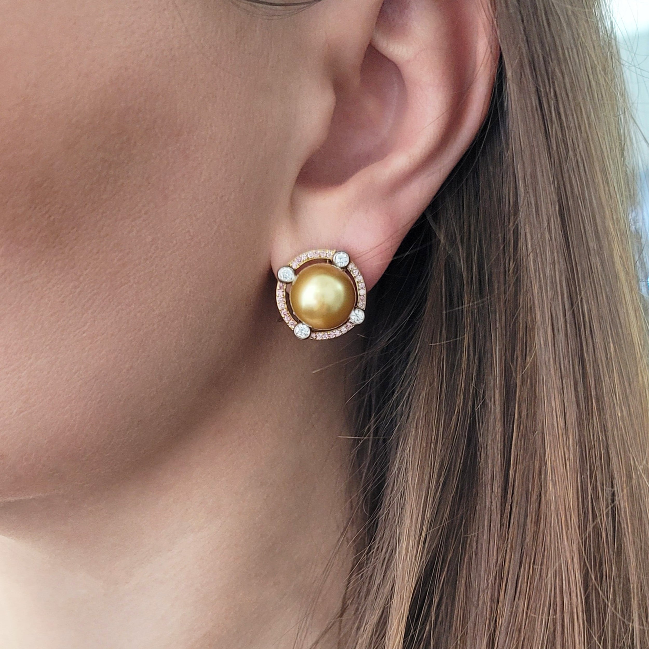 Graff Yellow Pearl Earrings With Pink And White Diamond in 18k white and yellow gold
