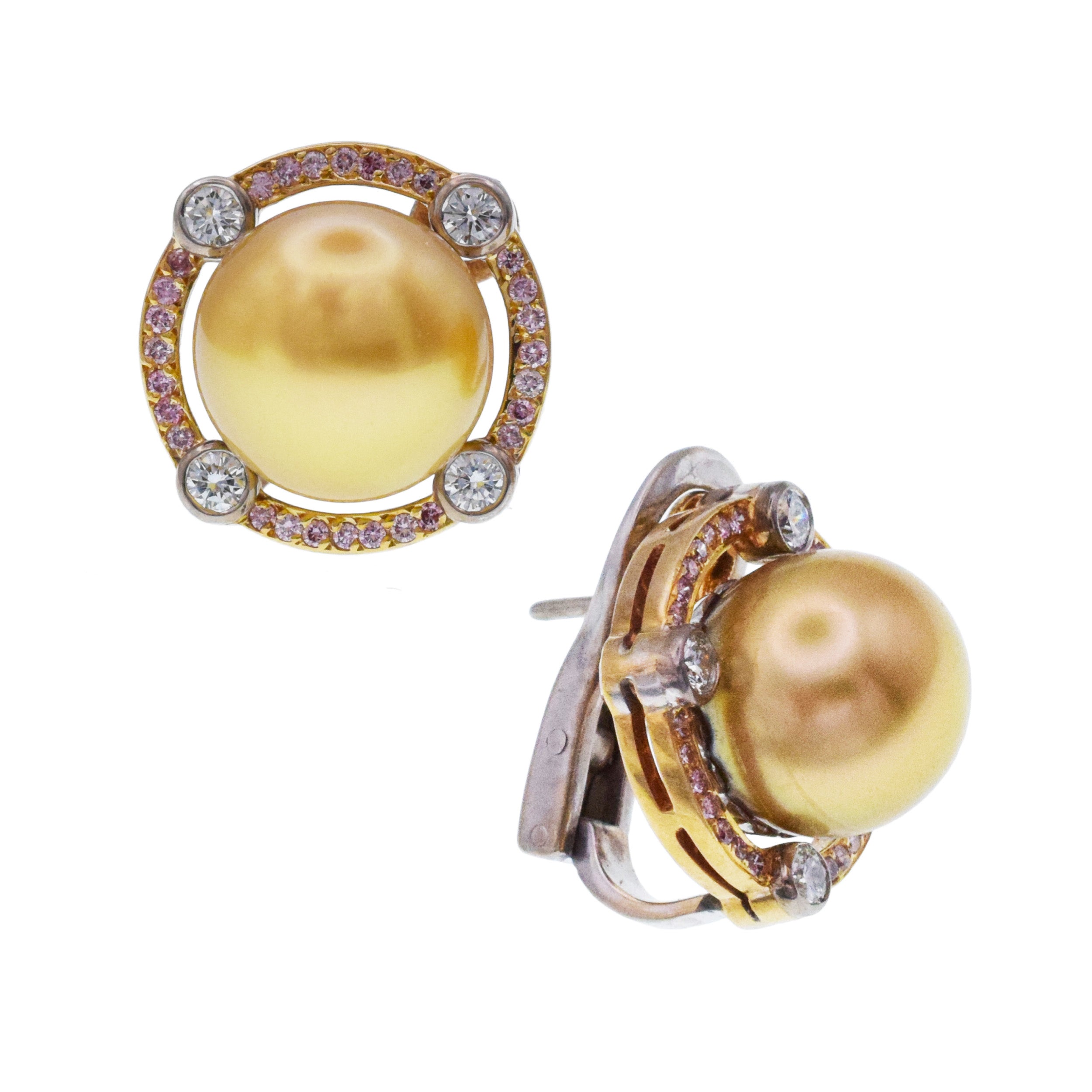 Graff Yellow Pearl Earrings With Pink And White Diamond in 18k white and yellow gold