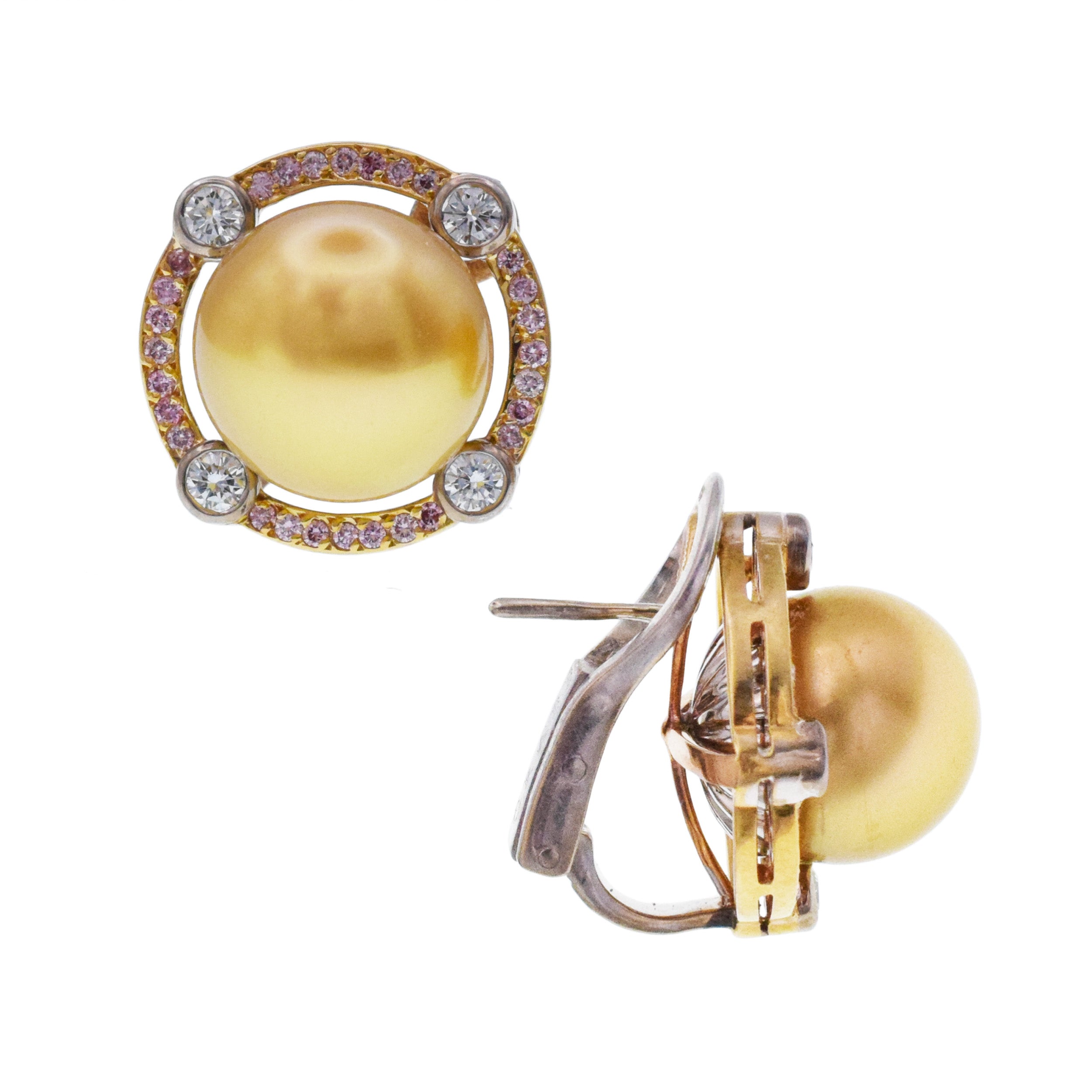 Graff Yellow Pearl Earrings With Pink And White Diamond in 18k white and yellow gold