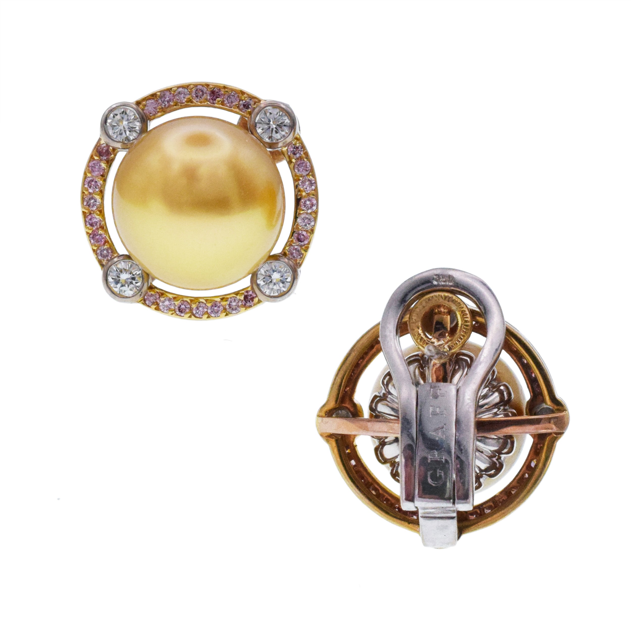 Graff Yellow Pearl Earrings With Pink And White Diamond in 18k white and yellow gold