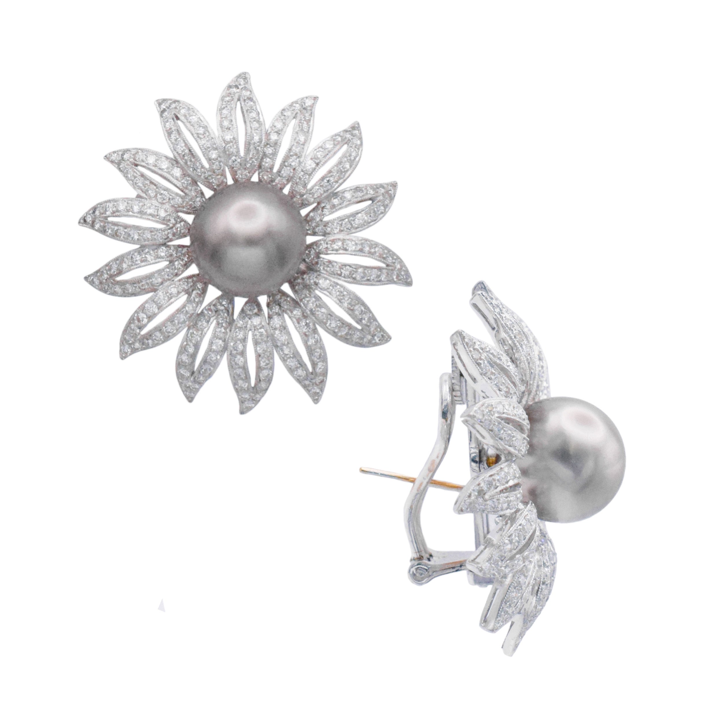 Large Black Pearl And Diamond Flower Earrings / Pins In 18k White Gold