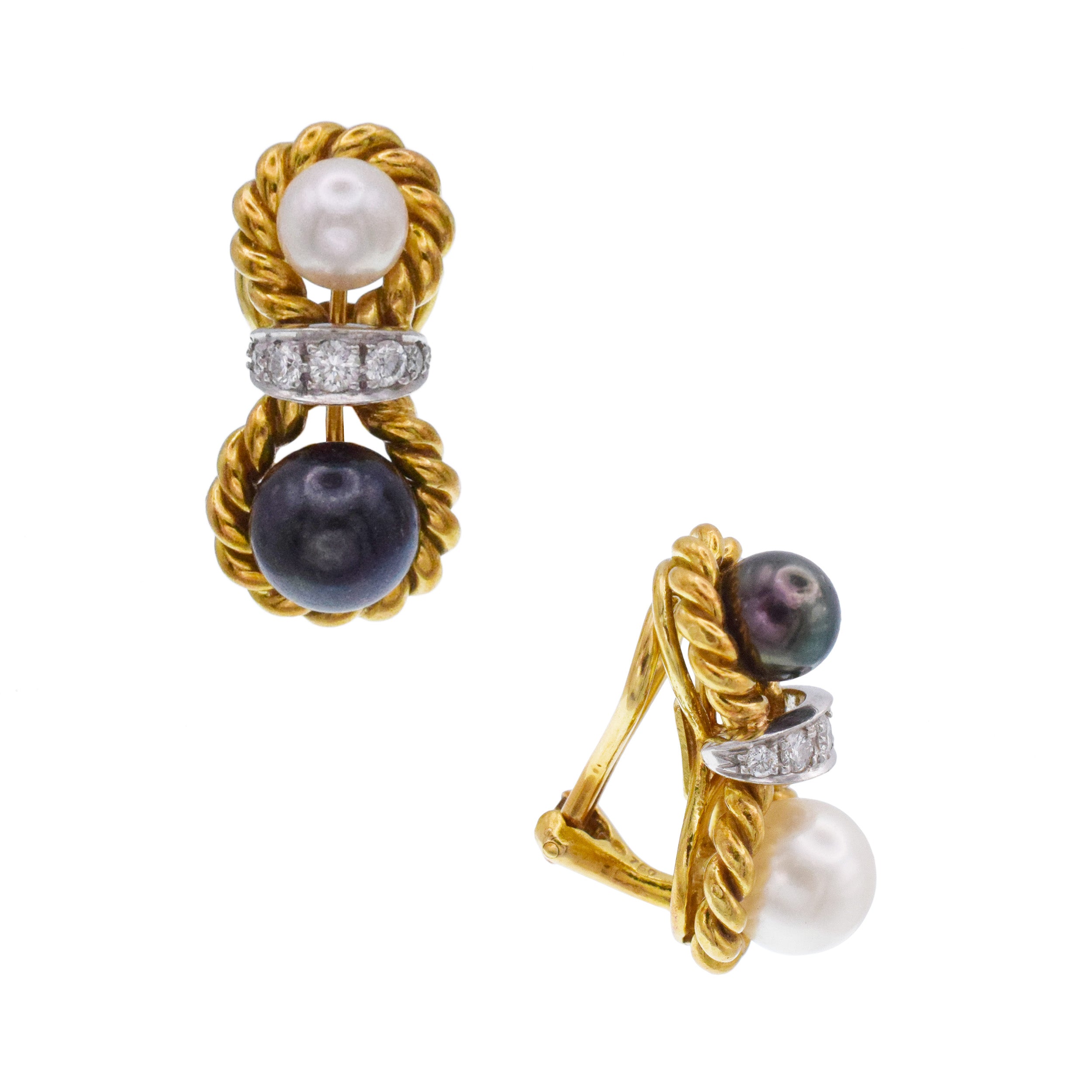 D.Bouzan Diamond And Pearl Ear-clip Earrings in 18k Gold And Platinum