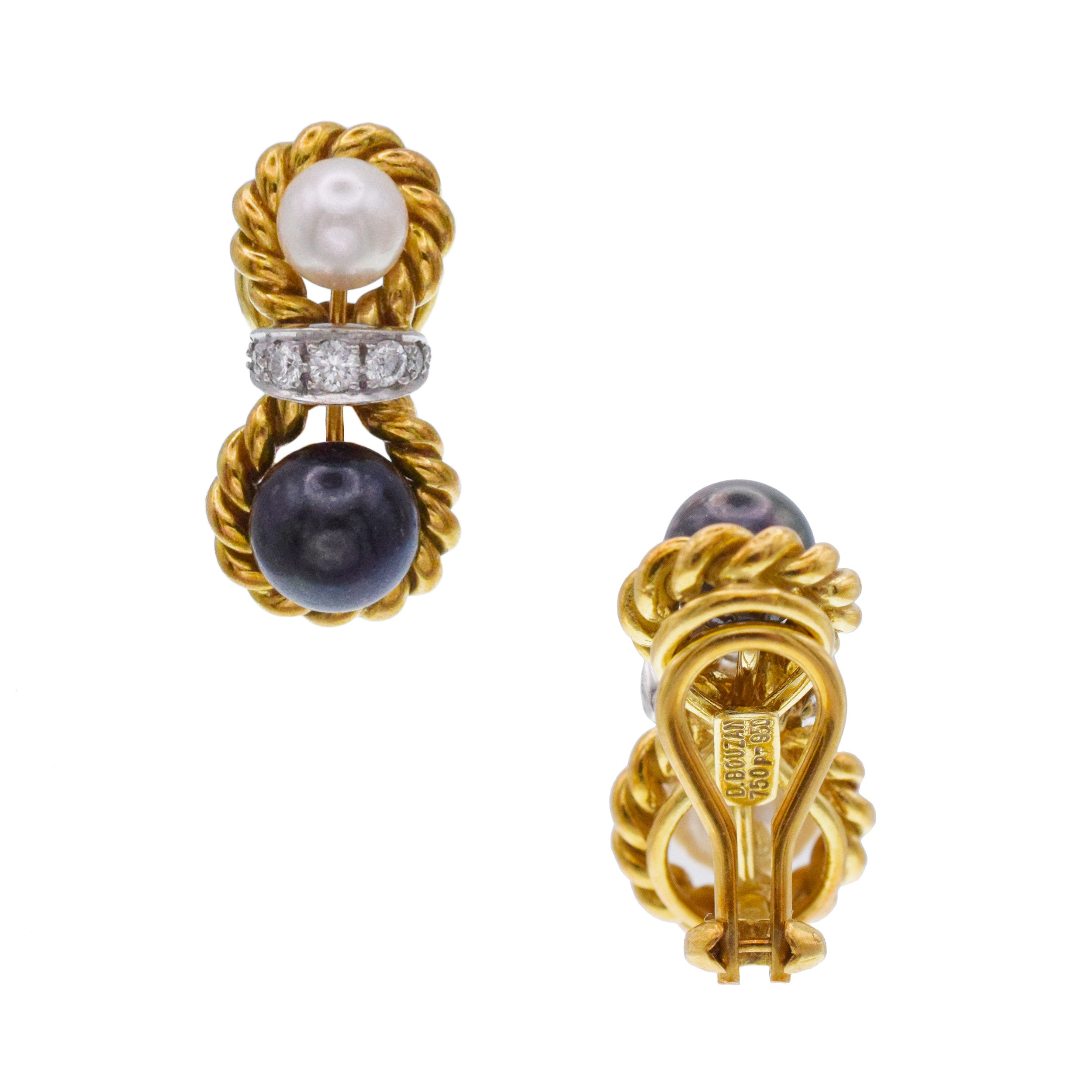D.Bouzan Diamond And Pearl Ear-clip Earrings in 18k Gold And Platinum