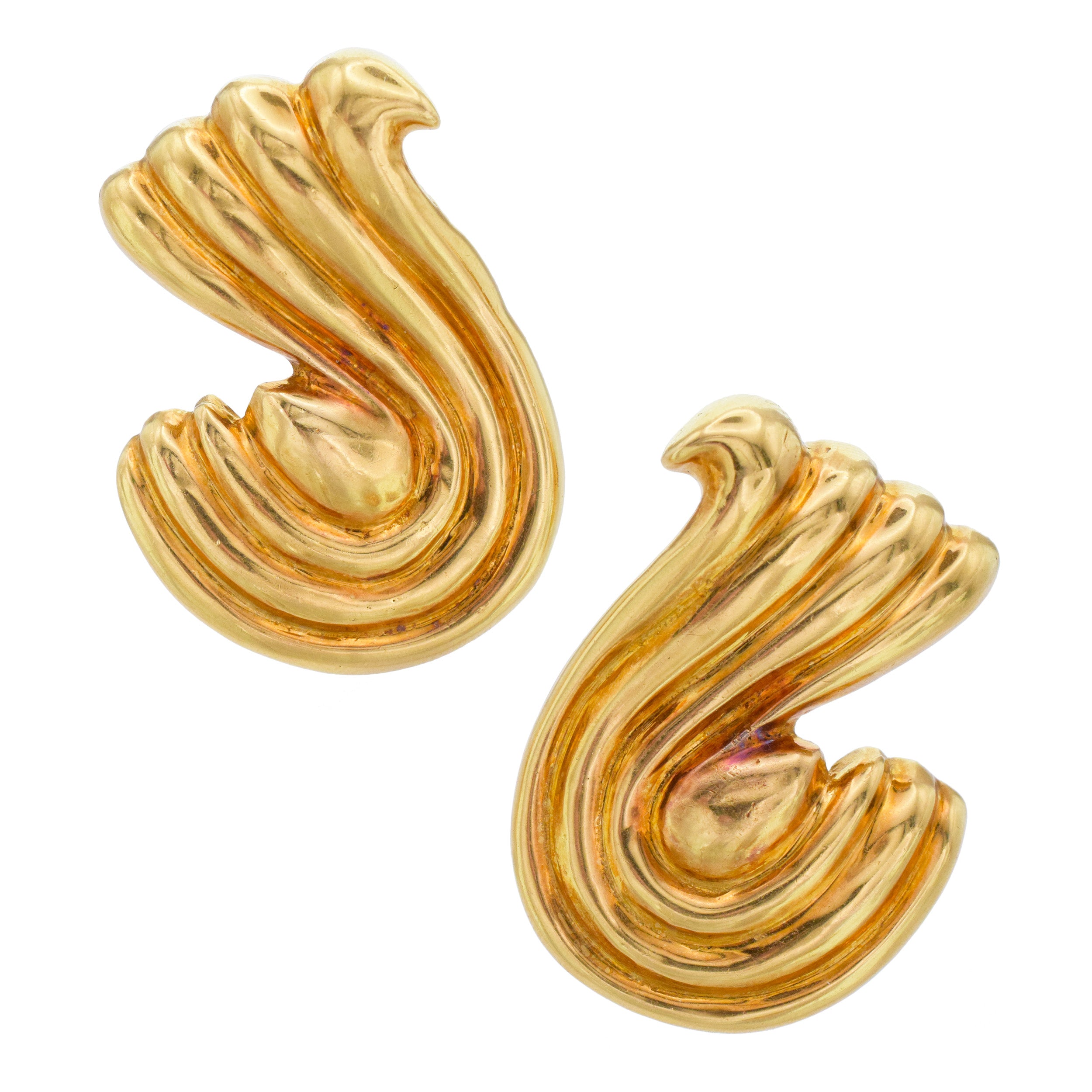 Vintage 18K Yellow Gold Fluted Ribbon Ear-Clip Earrings