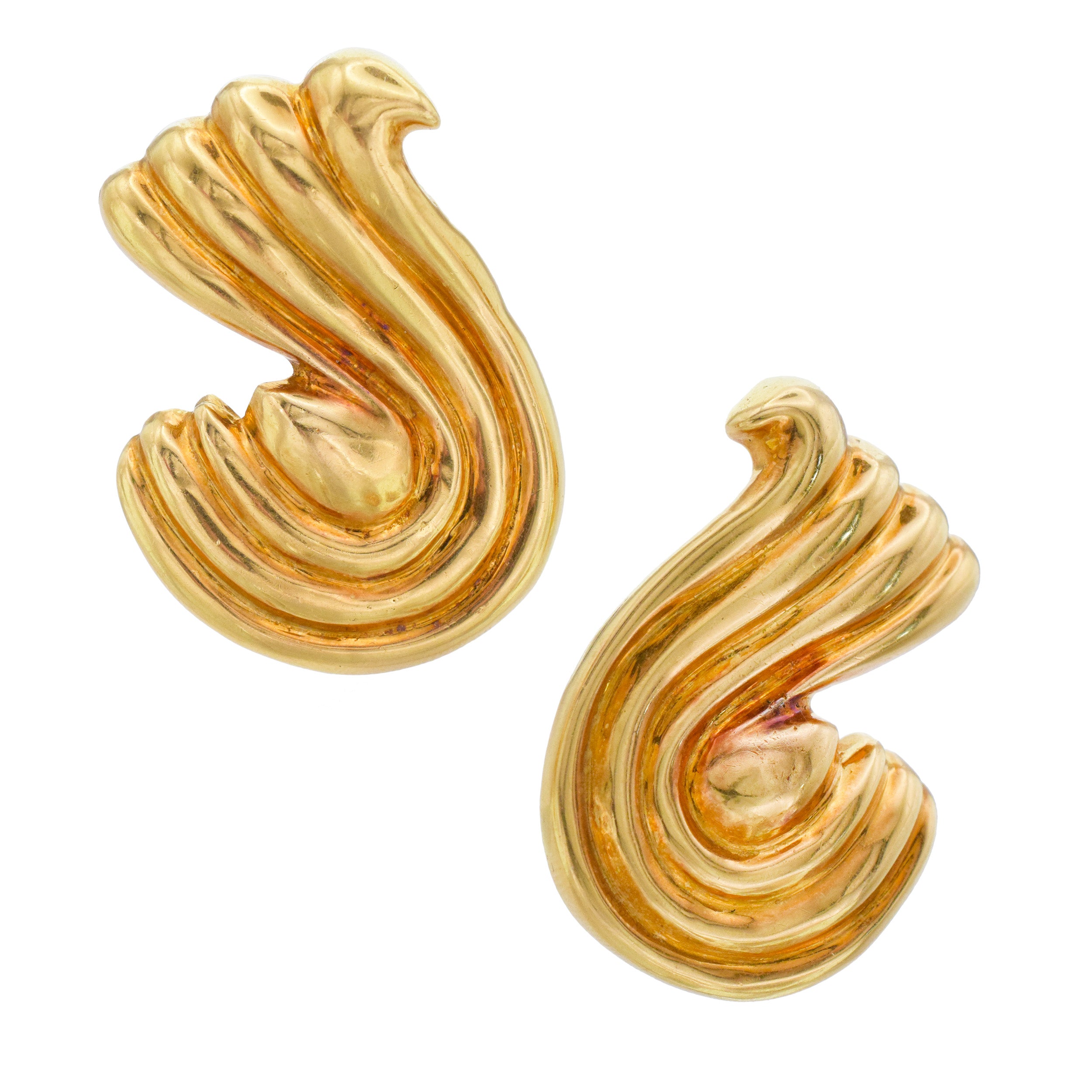 Vintage 18K Yellow Gold Fluted Ribbon Ear-Clip Earrings