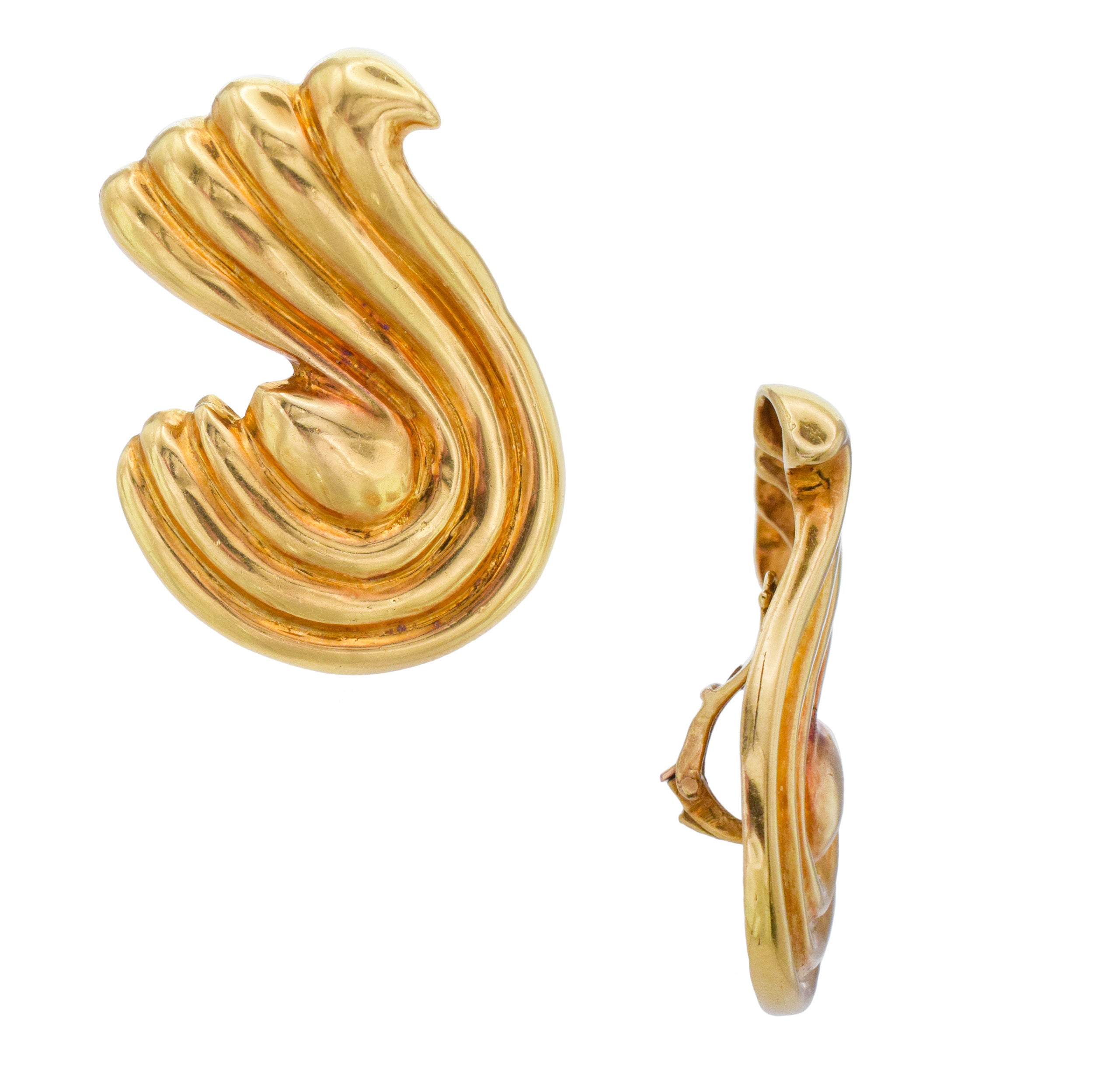 Vintage 18K Yellow Gold Fluted Ribbon Ear-Clip Earrings