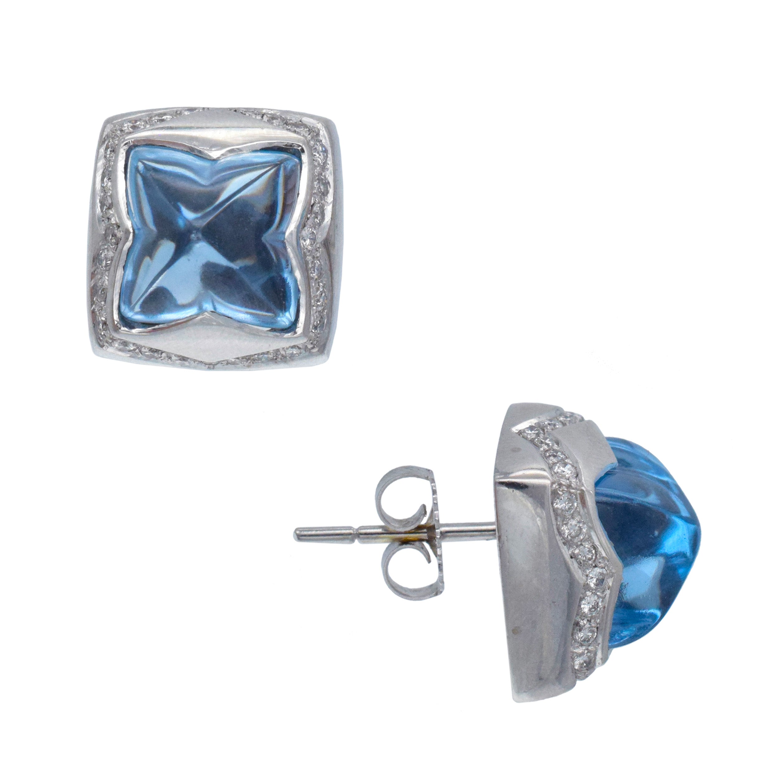 Topaz And Diamond Pyramid Earrings And Pendant Set In 18k White Gold with 14k White Gold Chain