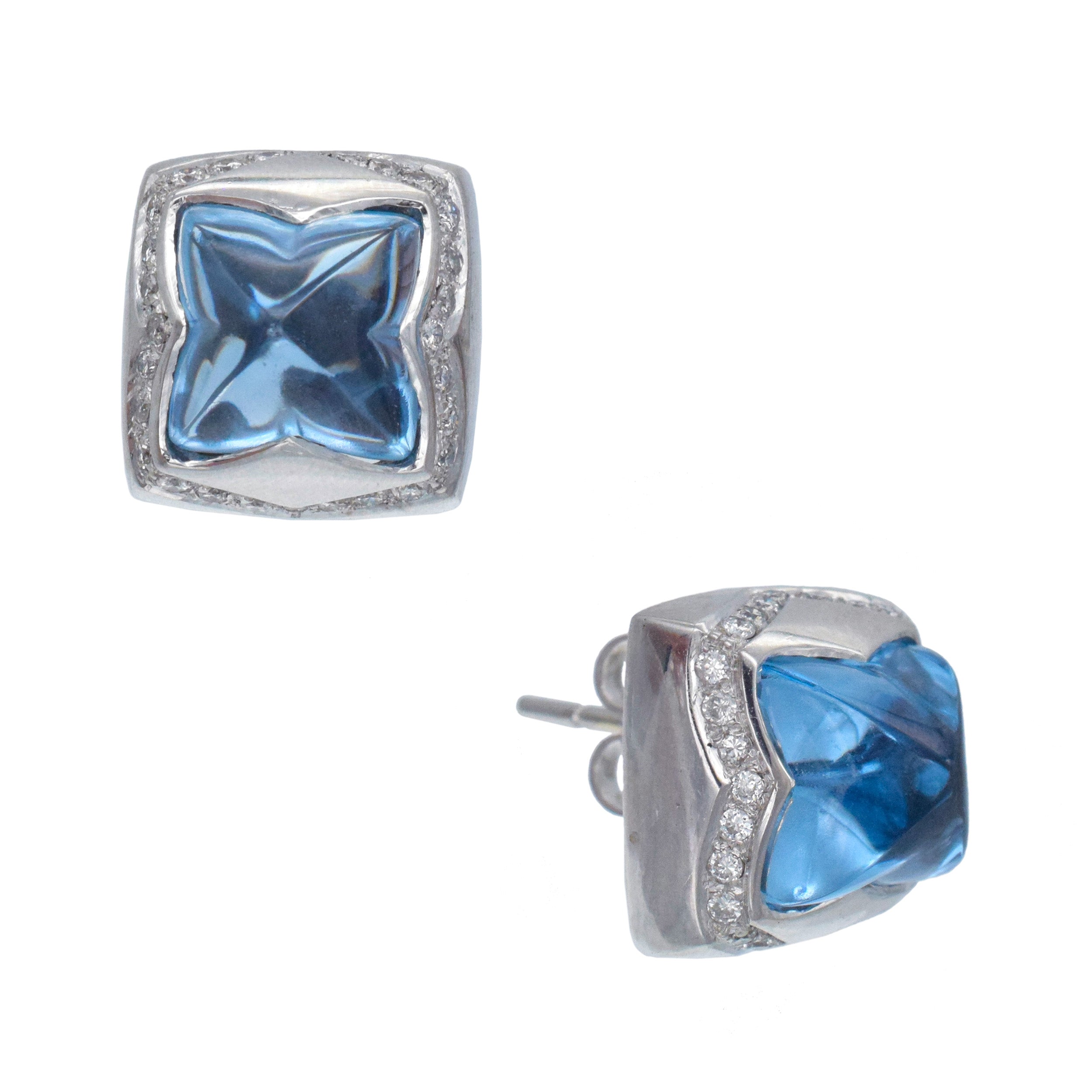 Topaz And Diamond Pyramid Earrings And Pendant Set In 18k White Gold with 14k White Gold Chain