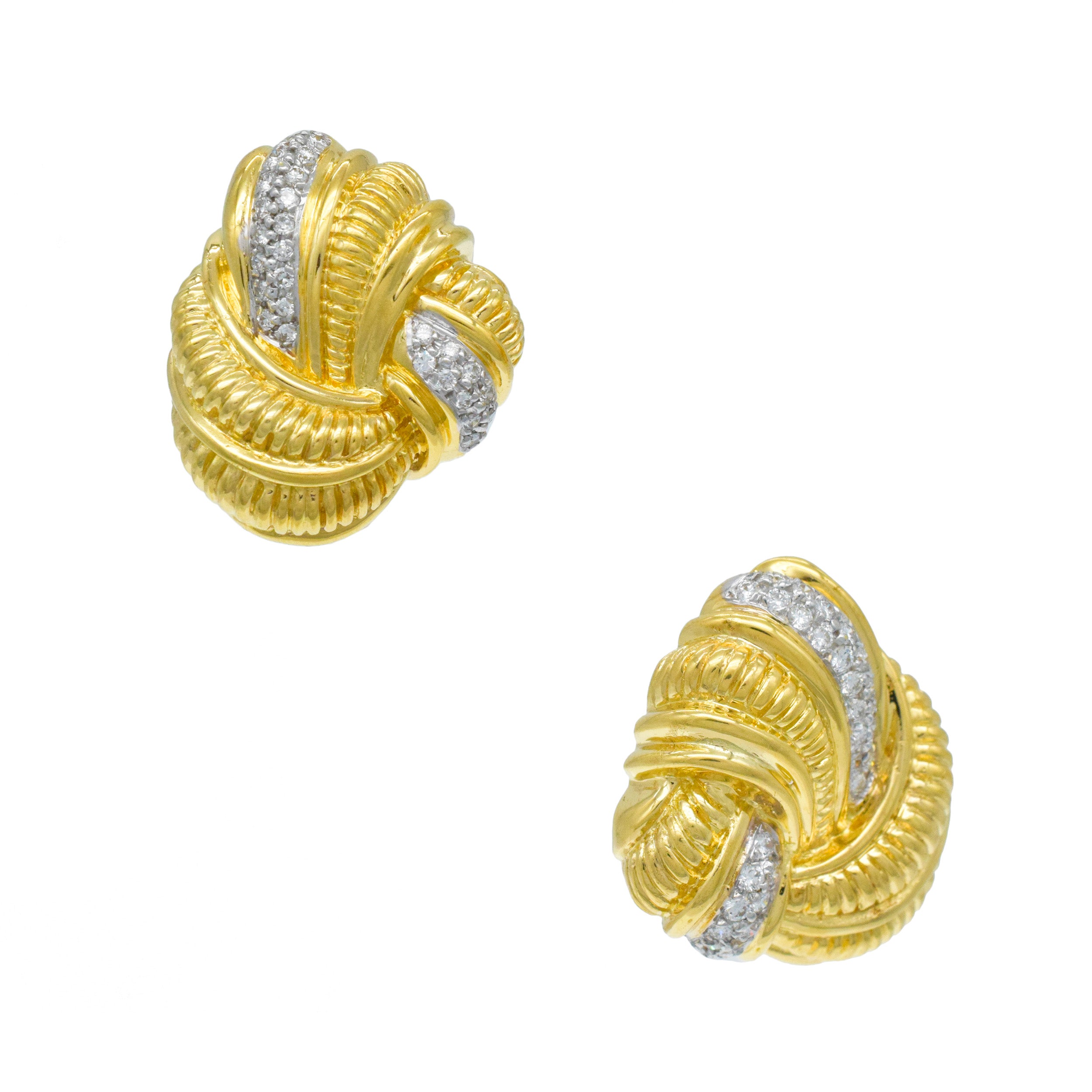 Elan Diamond And Carved Gold Knot Earrings In 18k Yellow Gold