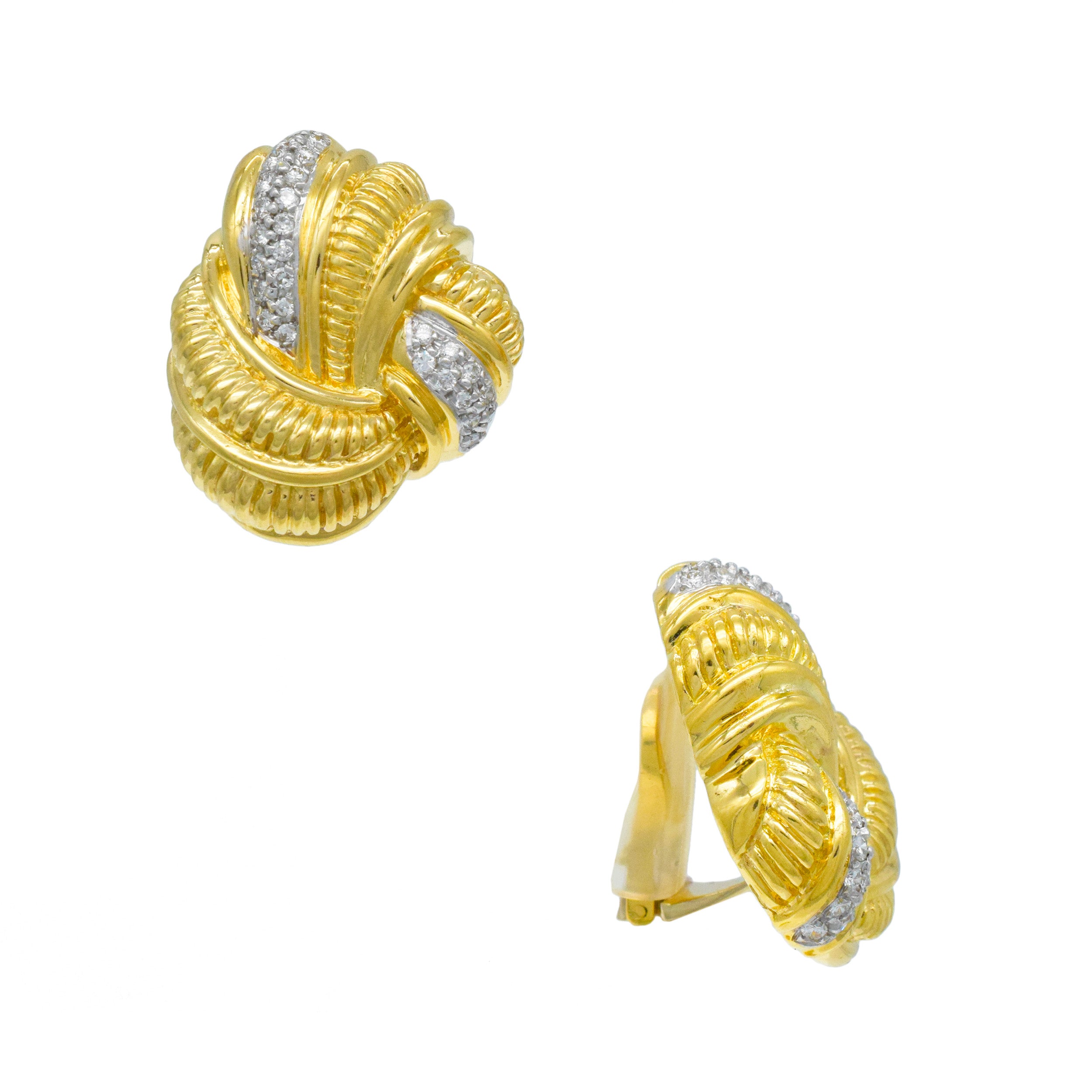 Elan Diamond And Carved Gold Knot Earrings In 18k Yellow Gold
