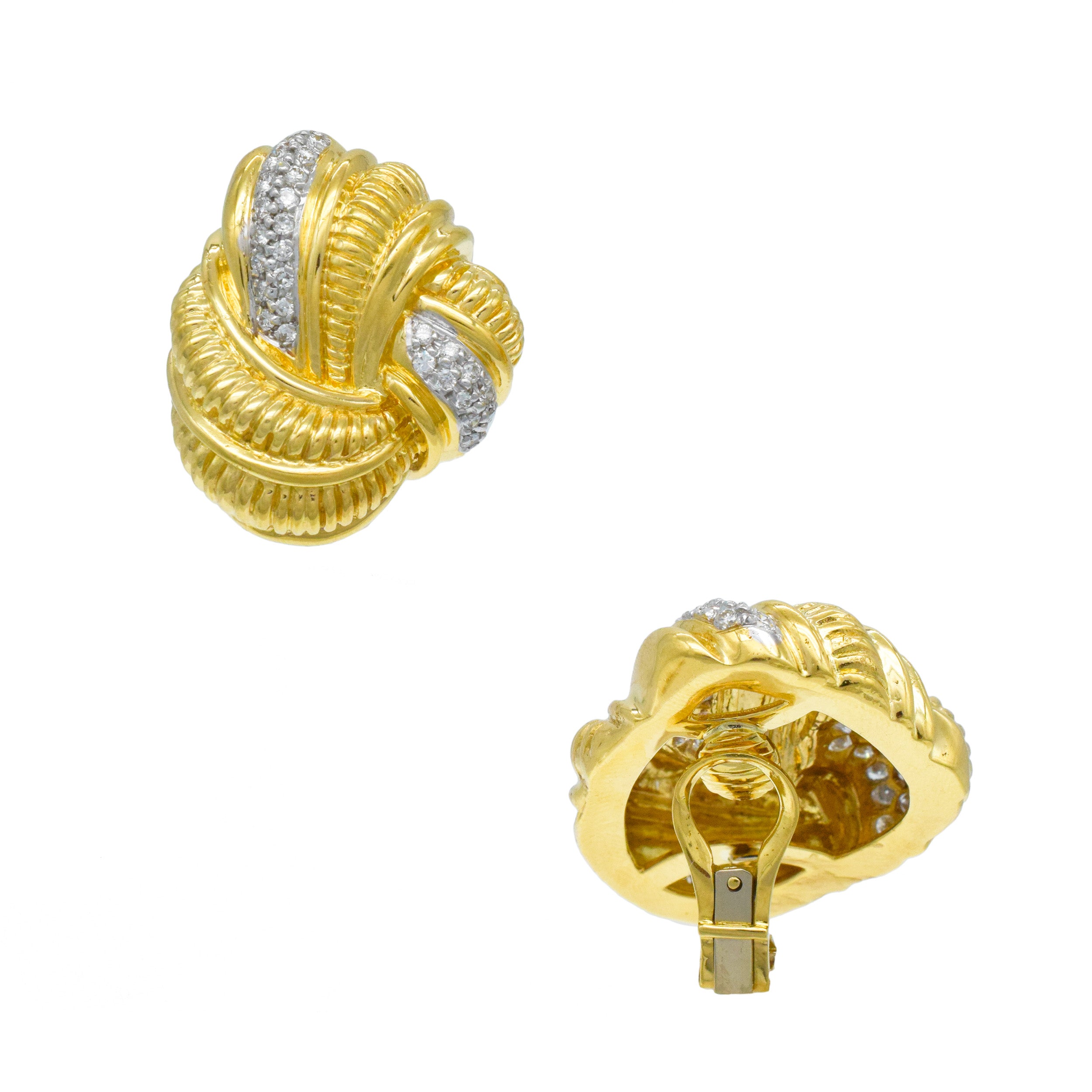 Elan Diamond And Carved Gold Knot Earrings In 18k Yellow Gold