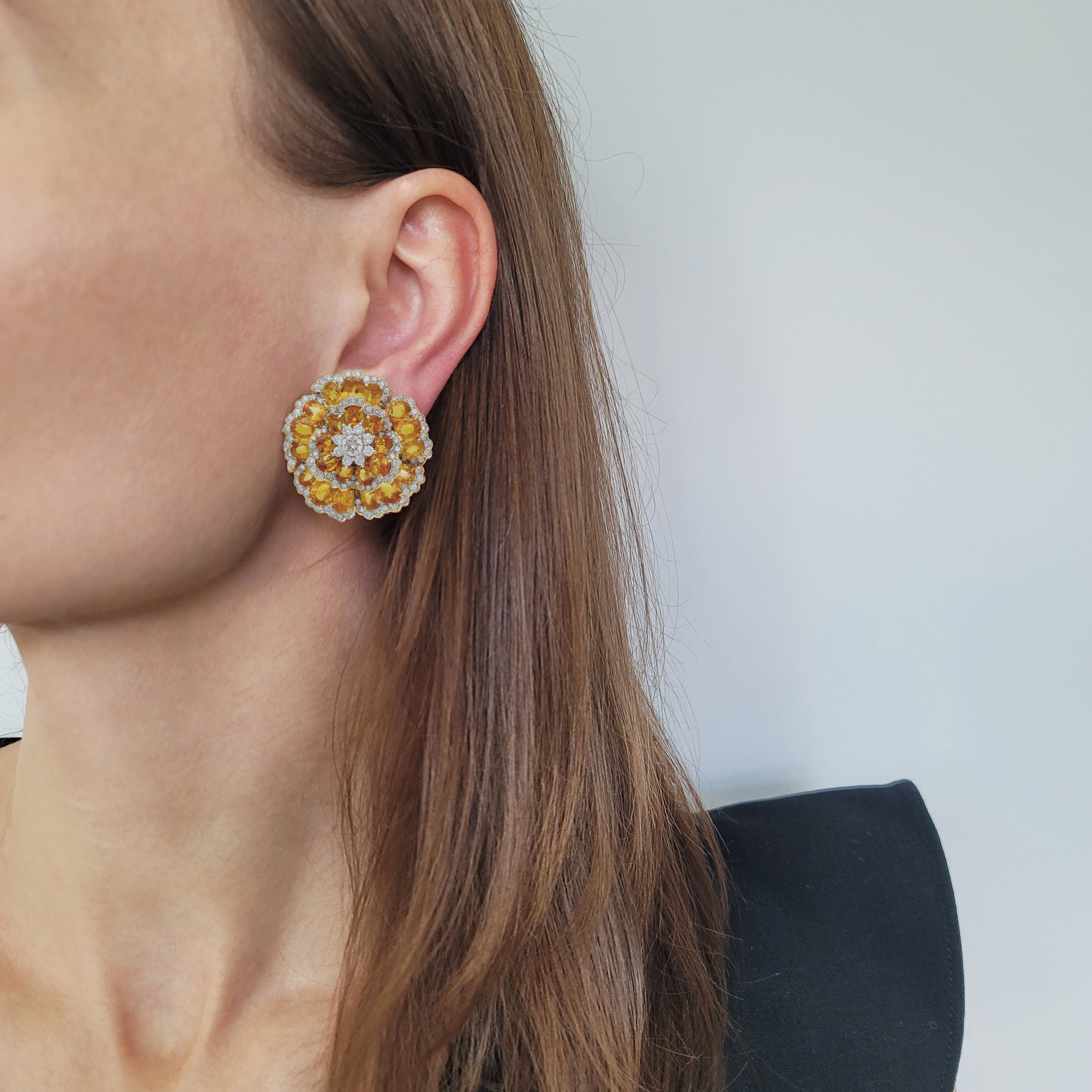 Yellow Sapphire And Diamond Flower Ear Clip Earrings In 18K Gold