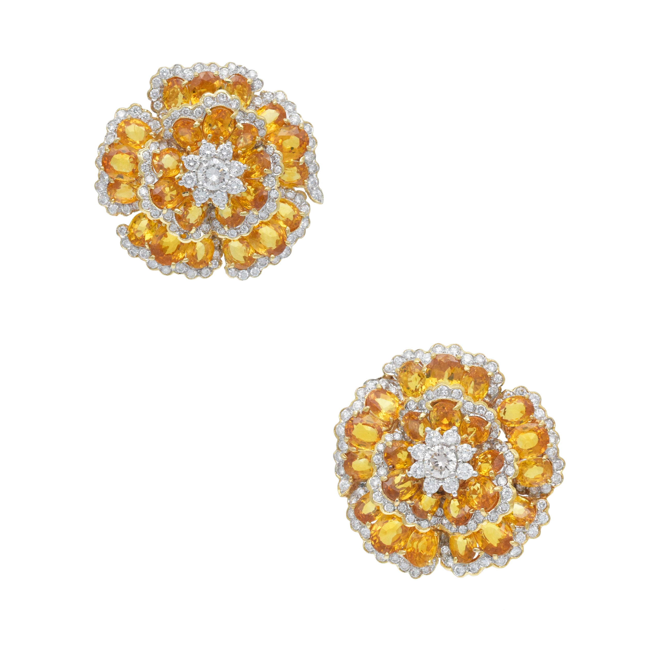 Yellow Sapphire And Diamond Flower Ear Clip Earrings In 18K Gold