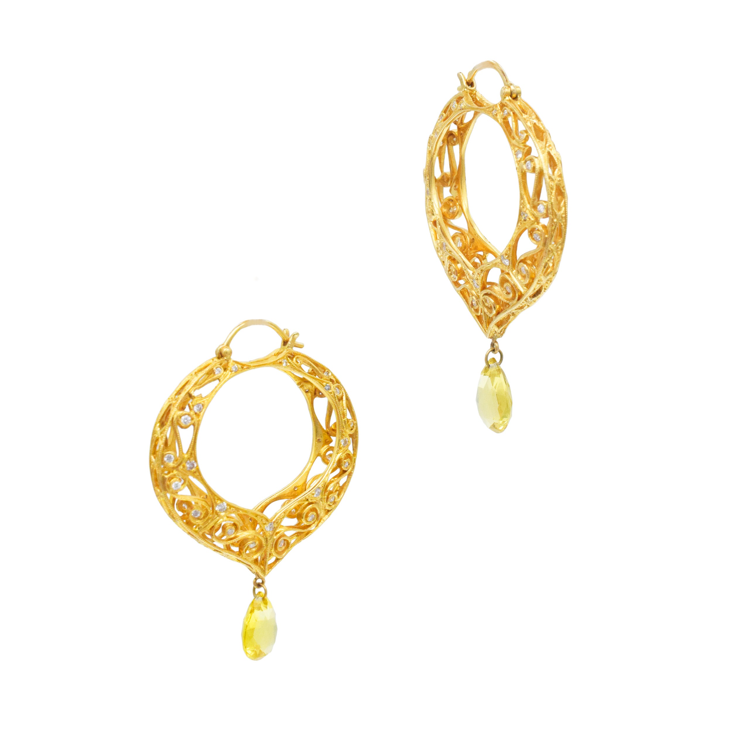 Citrine Drop Hoop Earrings In 14k Yellow Gold
