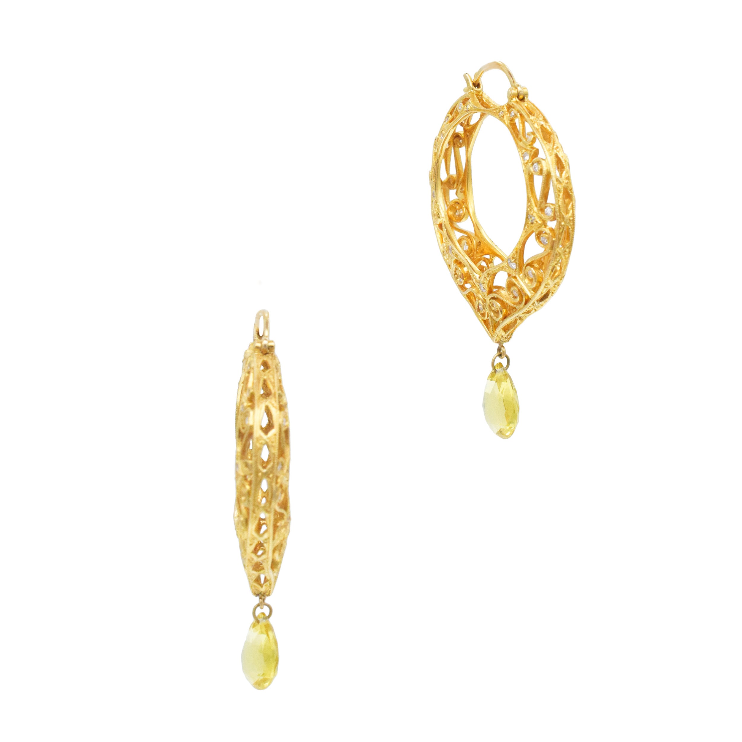 Citrine Drop Hoop Earrings In 14k Yellow Gold