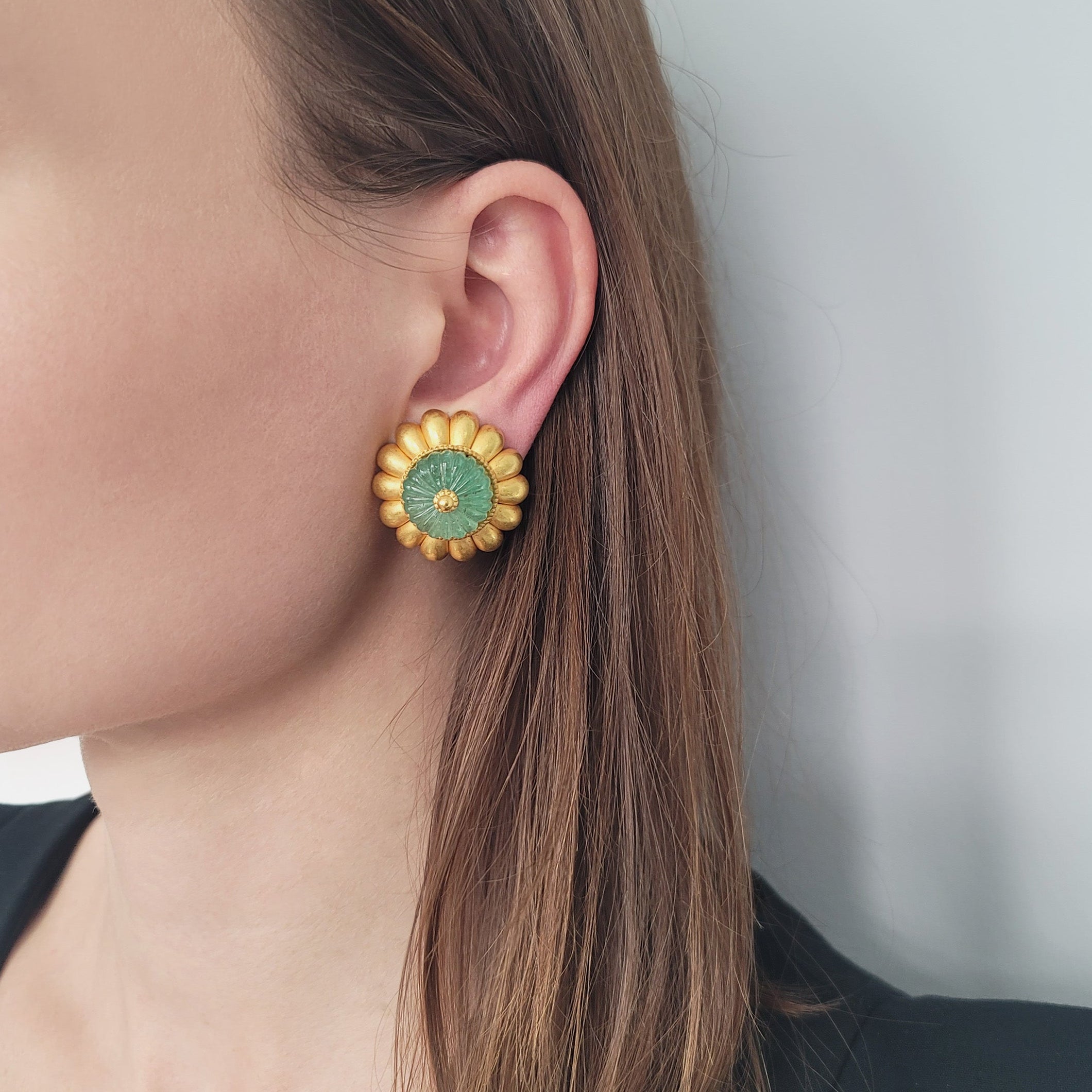 18k Yellow Gold And Emerald Flower Earrings For Pierced And Non-Pierced Ears