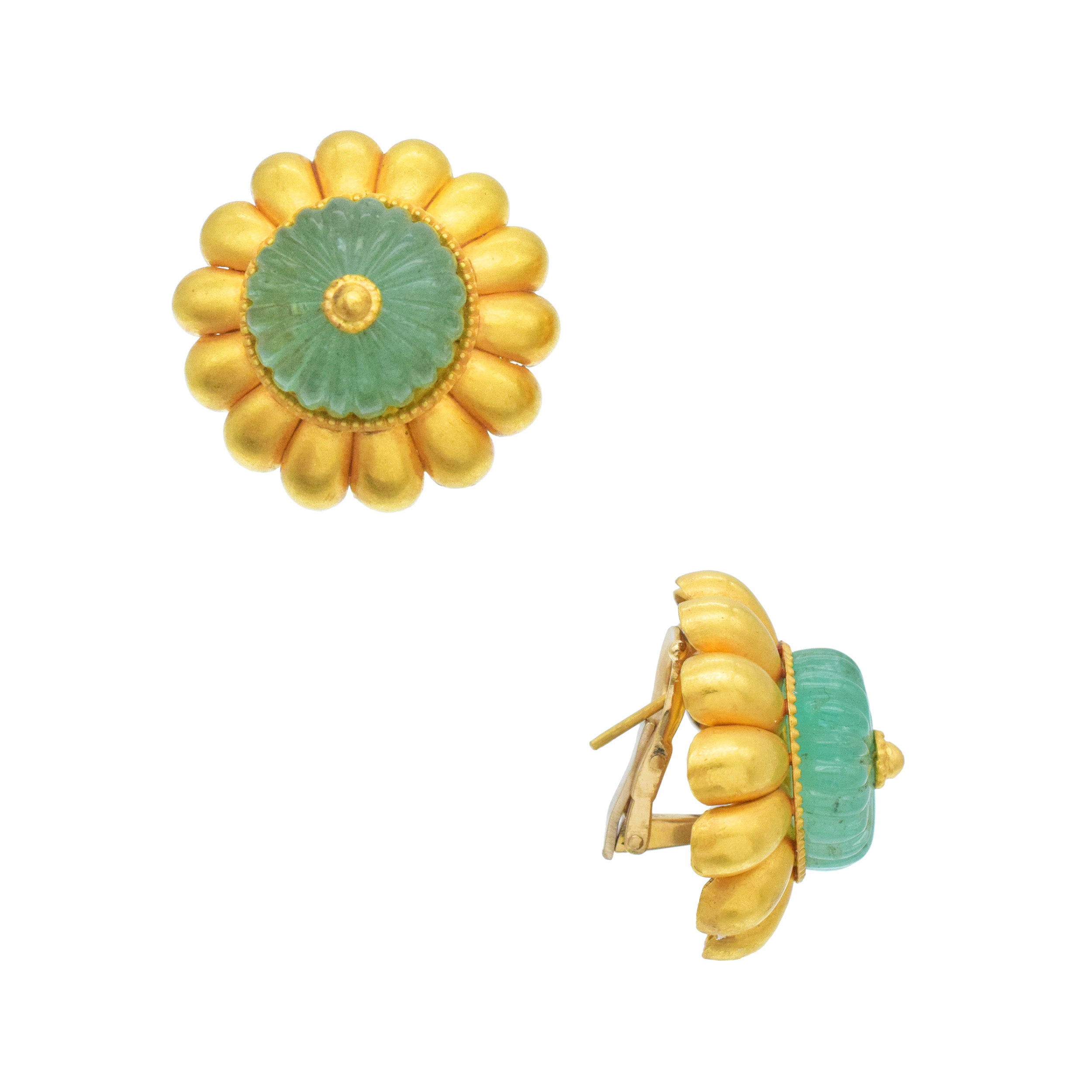 18k Yellow Gold And Emerald Flower Earrings For Pierced And Non-Pierced Ears