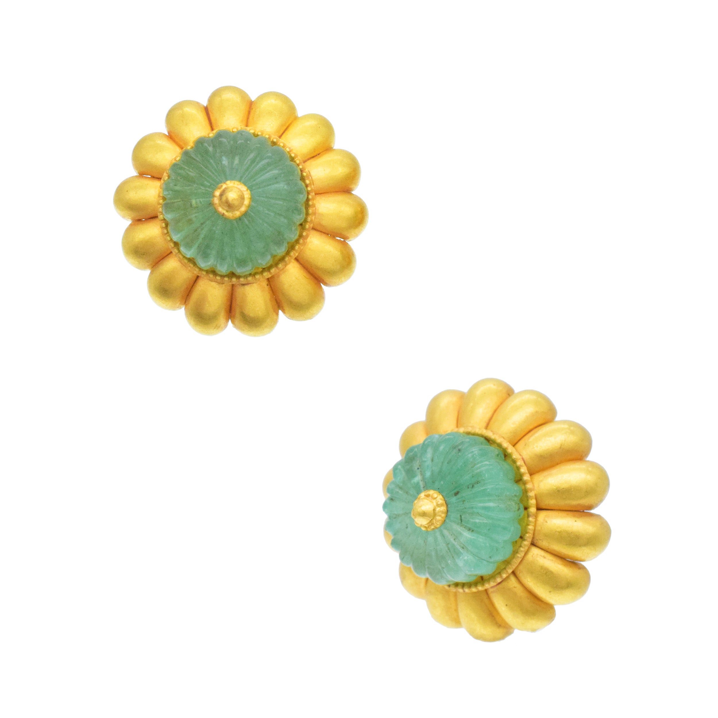18k Yellow Gold And Emerald Flower Earrings For Pierced And Non-Pierced Ears