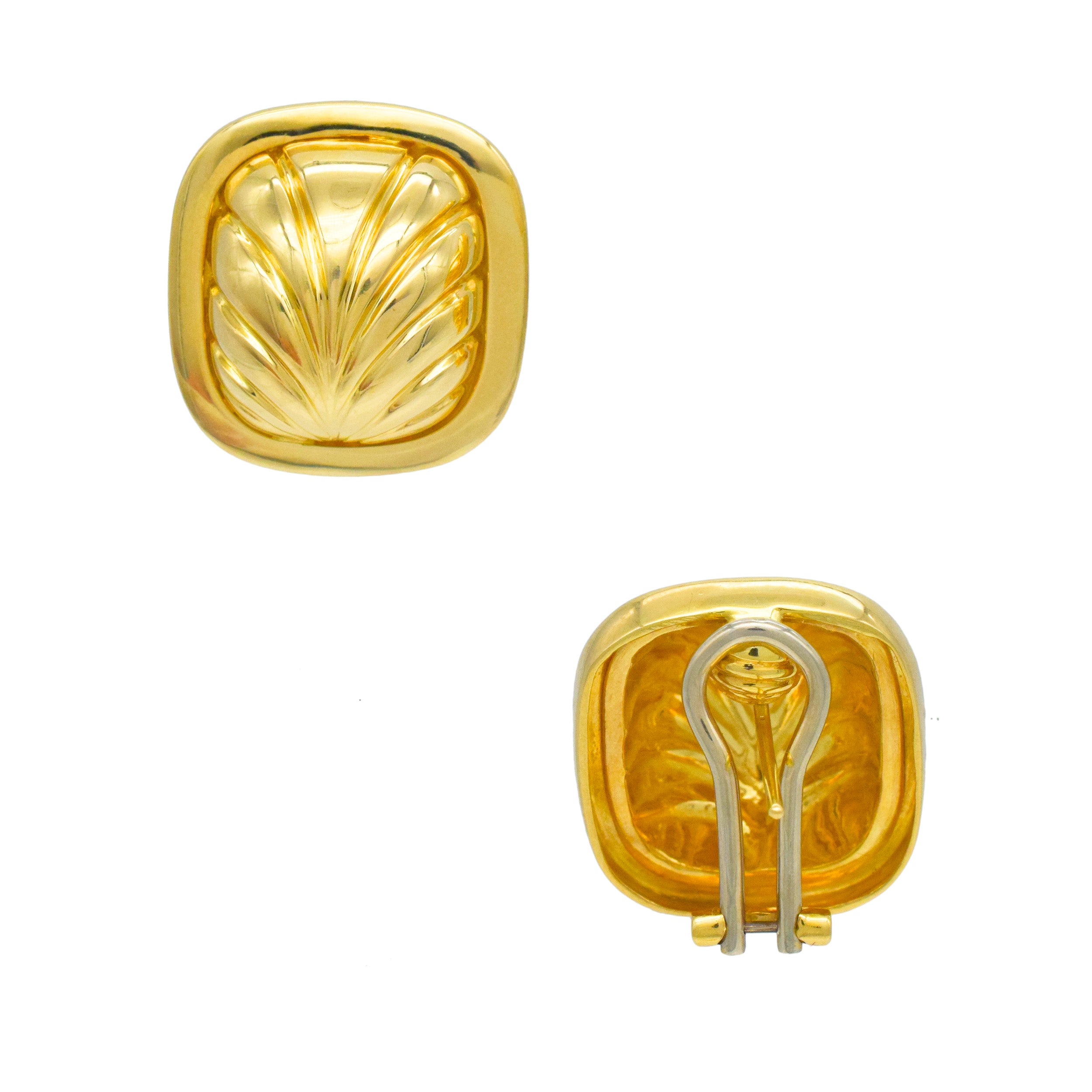 Cushion Shaped Foliage Motif Earrings In 18k Yellow Gold