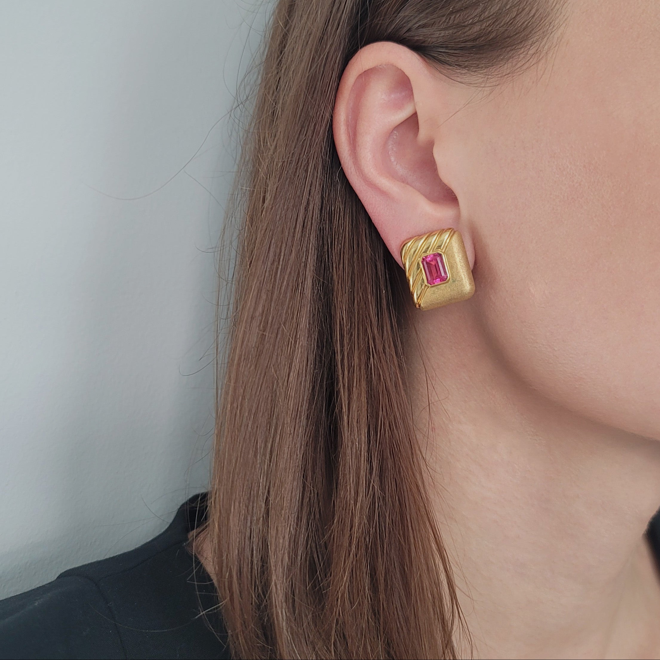 Pink Tourmaline And 18k Yellow Gold Rectangular Earrings