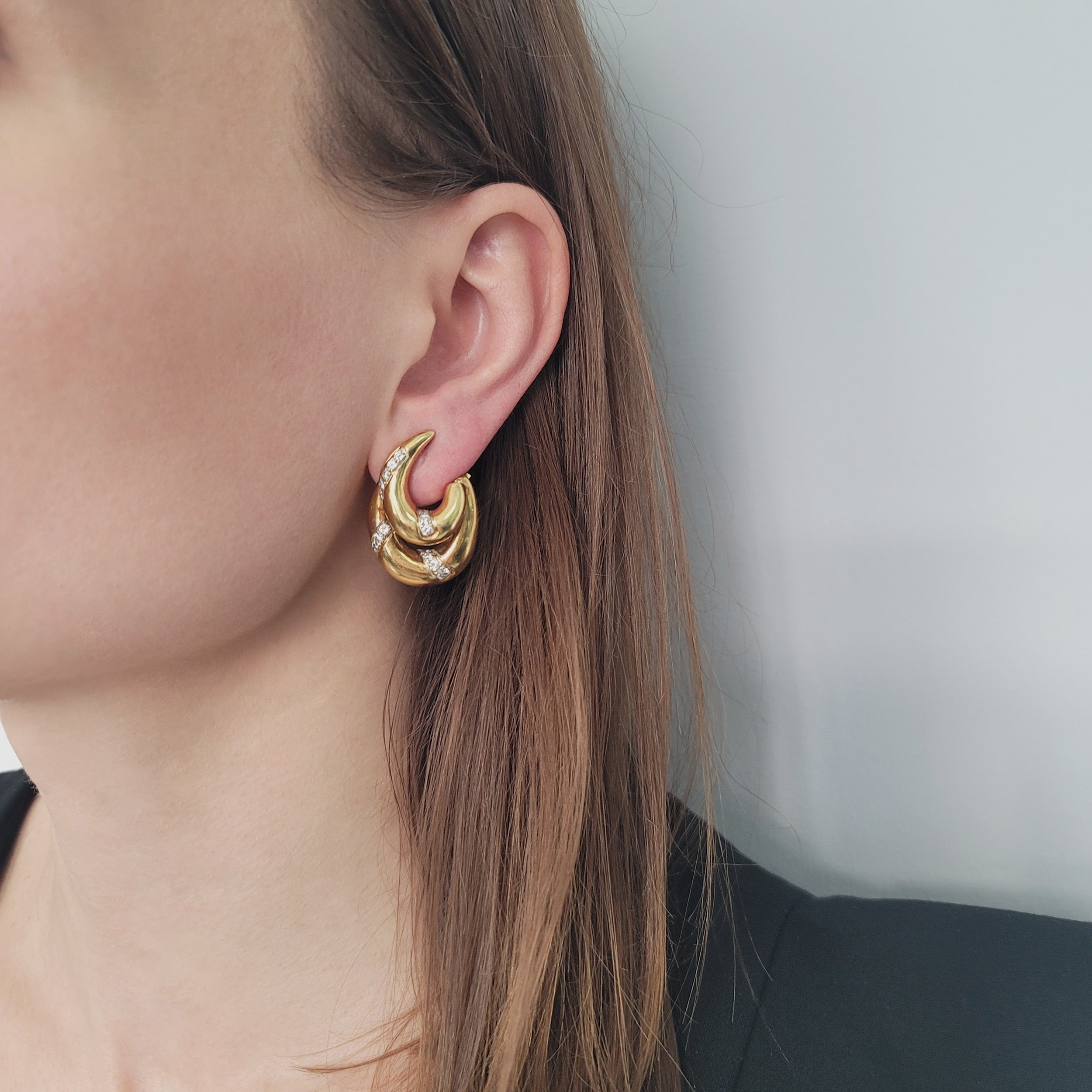 18k Yellow Gold And Diamond Double Hoop Earring