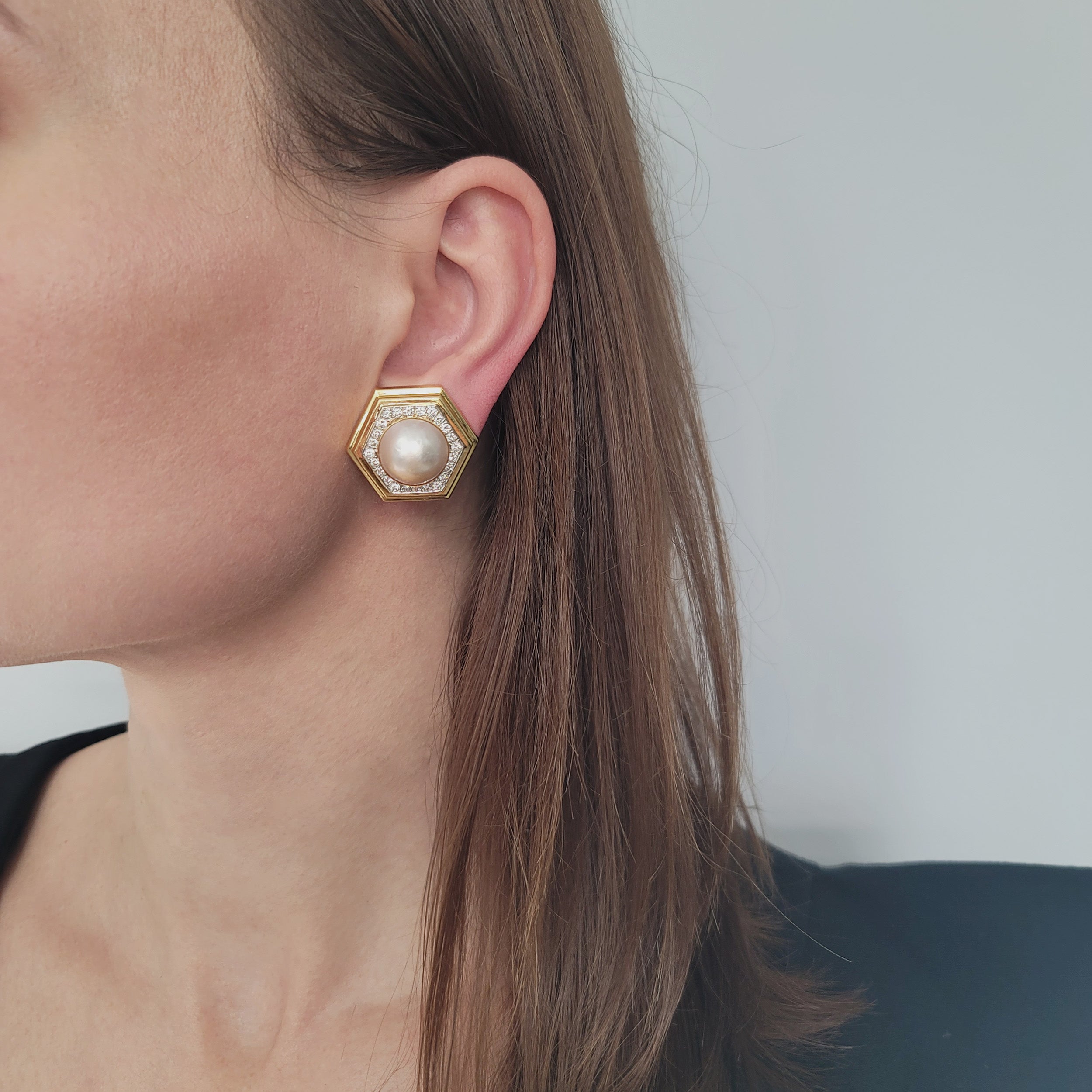 Emis Mabe Pearl And Diamond Hexagon Ear Clip Earrings In 18k Yellow Gold
