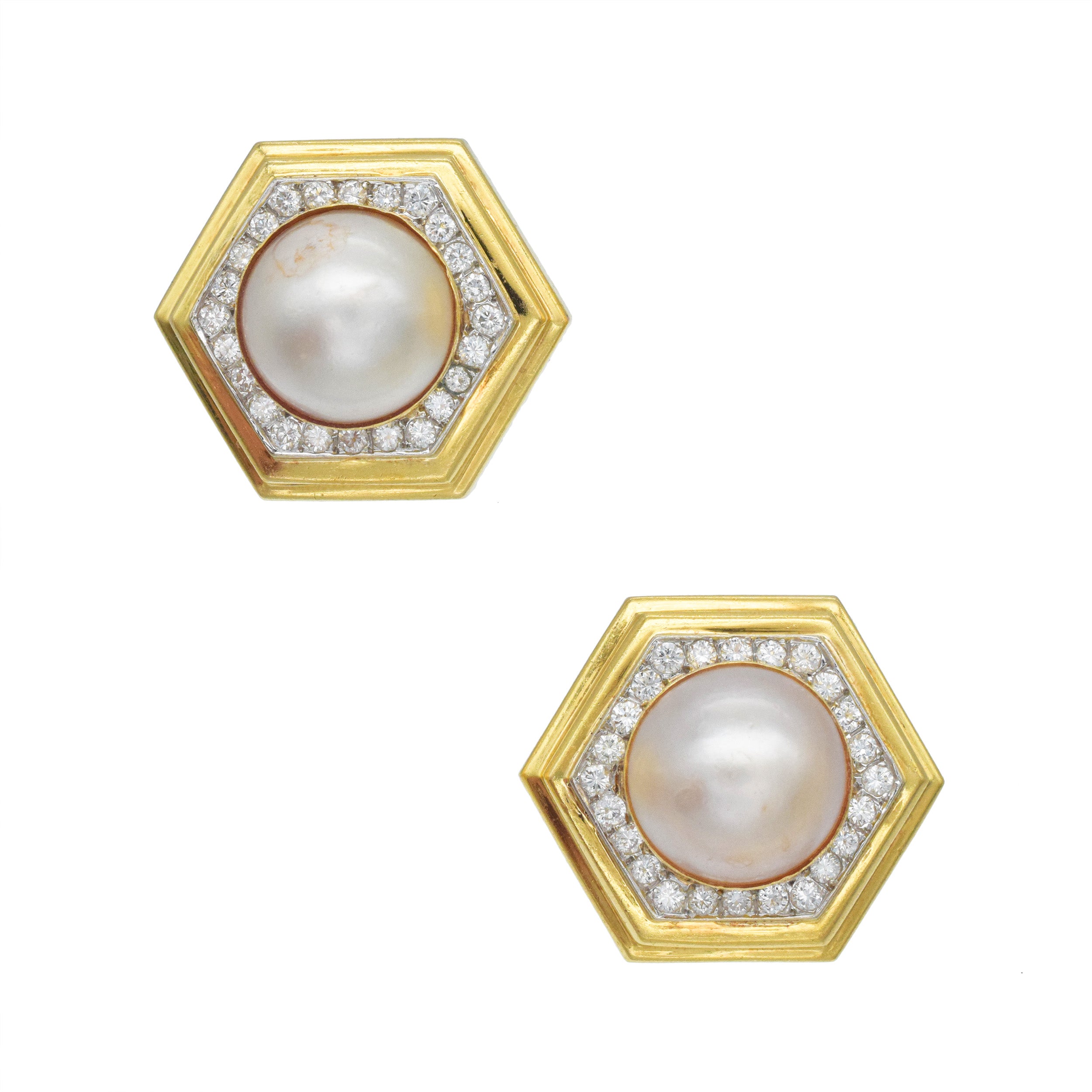 Emis Mabe Pearl And Diamond Hexagon Ear Clip Earrings In 18k Yellow Gold